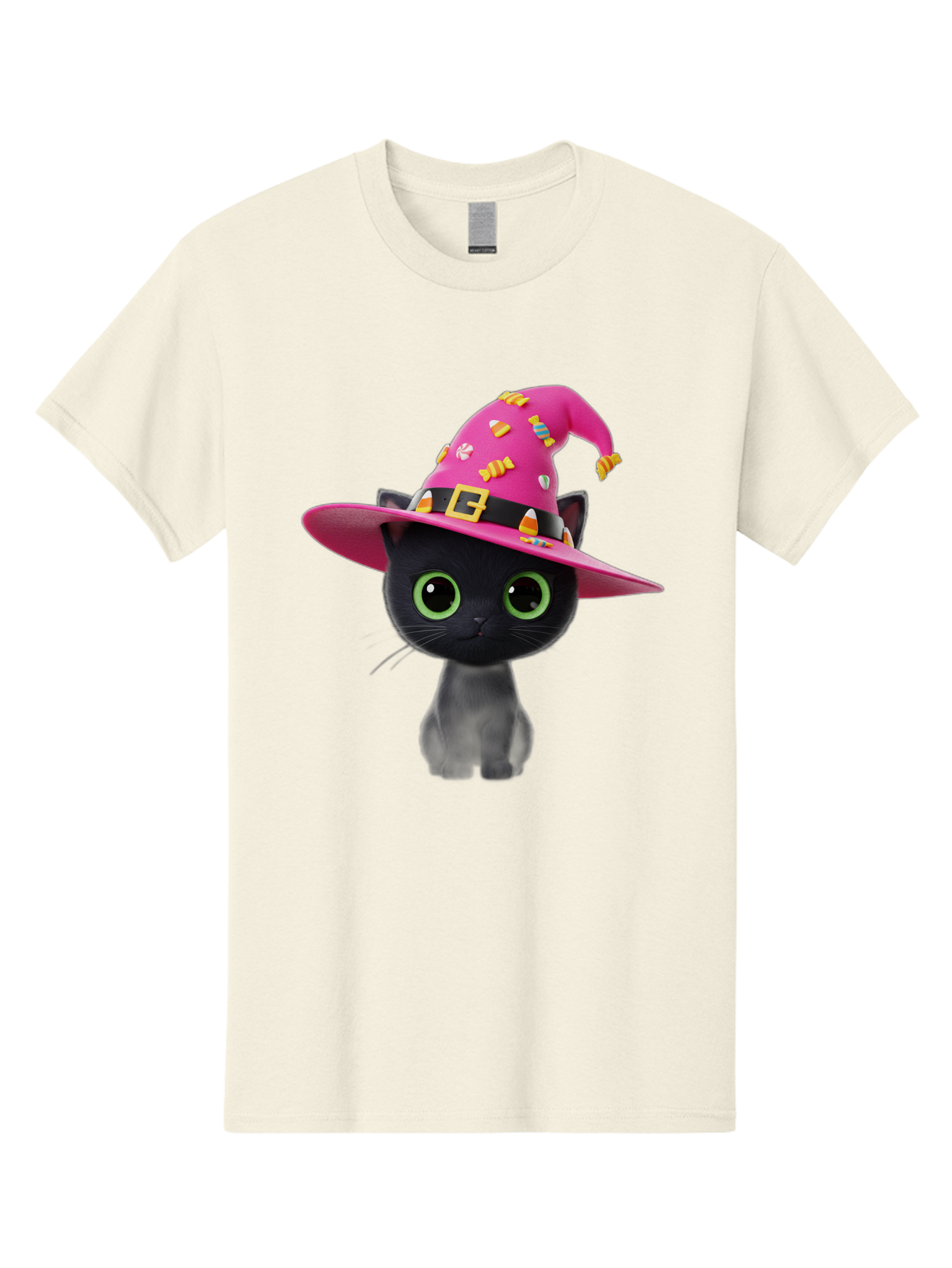 Black-Cat-With-Pink-Witch-Hat Men'S Graphic Tee, 100% Cotton, Comfortable Casual Summer Wear, Machine Washable, Black Cat, Pink Witch Hat, Candy Decorations, Gold Buckle, Green Eyes, Cartoon Style, Whimsical Design, Halloween Theme, Bac630