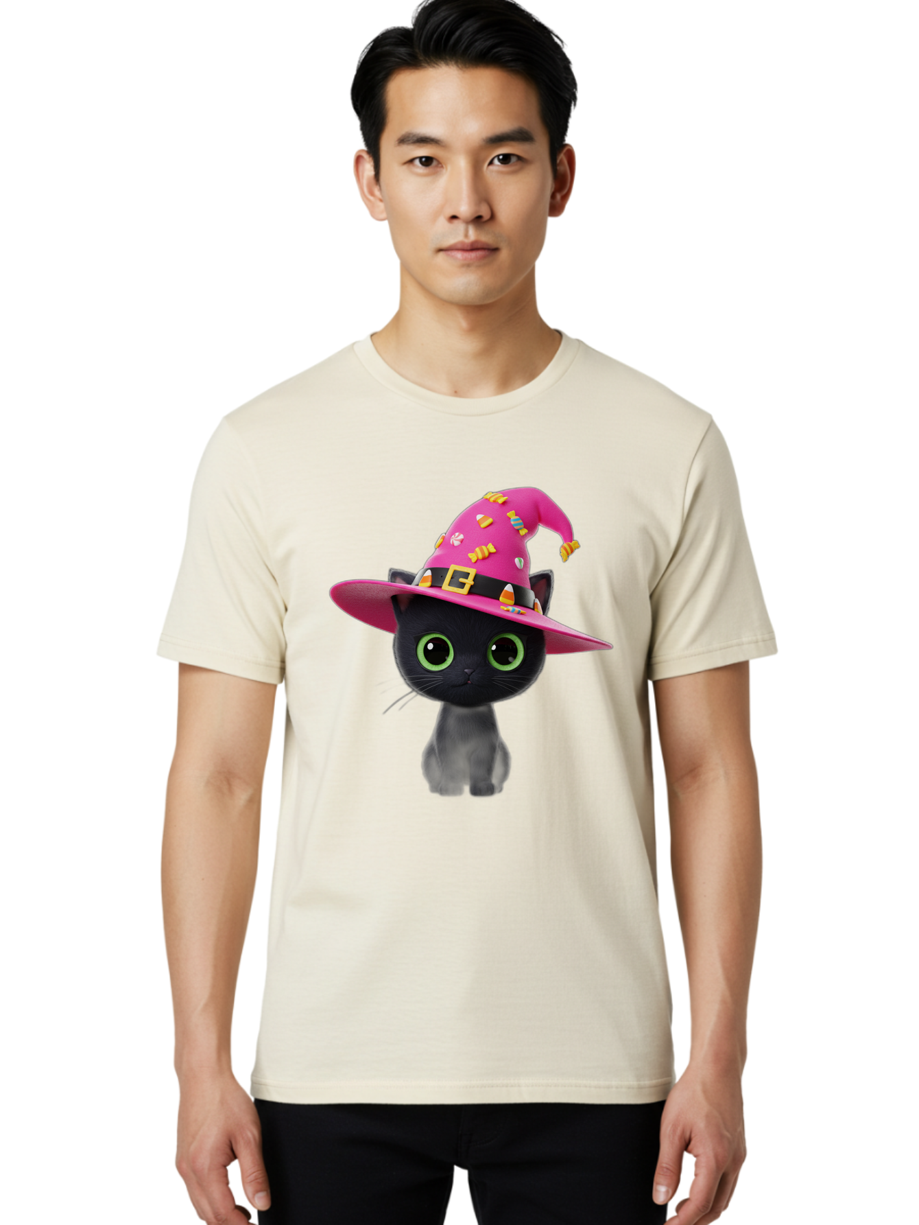 Black-Cat-With-Pink-Witch-Hat Men'S Graphic Tee, 100% Cotton, Comfortable Casual Summer Wear, Machine Washable, Black Cat, Pink Witch Hat, Candy Decorations, Gold Buckle, Green Eyes, Cartoon Style, Whimsical Design, Halloween Theme, Bac630