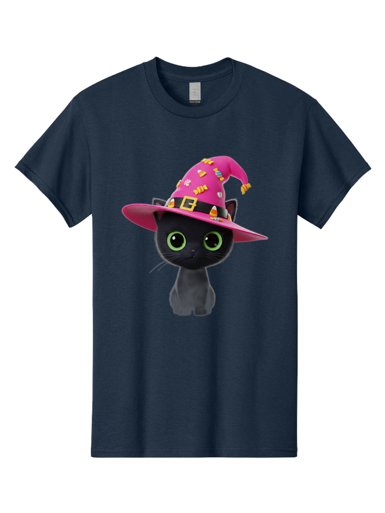 Black-Cat-With-Pink-Witch-Hat Men'S Graphic Tee, 100% Cotton, Comfortable Casual Summer Wear, Machine Washable, Black Cat, Pink Witch Hat, Candy Decorations, Gold Buckle, Green Eyes, Cartoon Style, Whimsical Design, Halloween Theme, Bac630