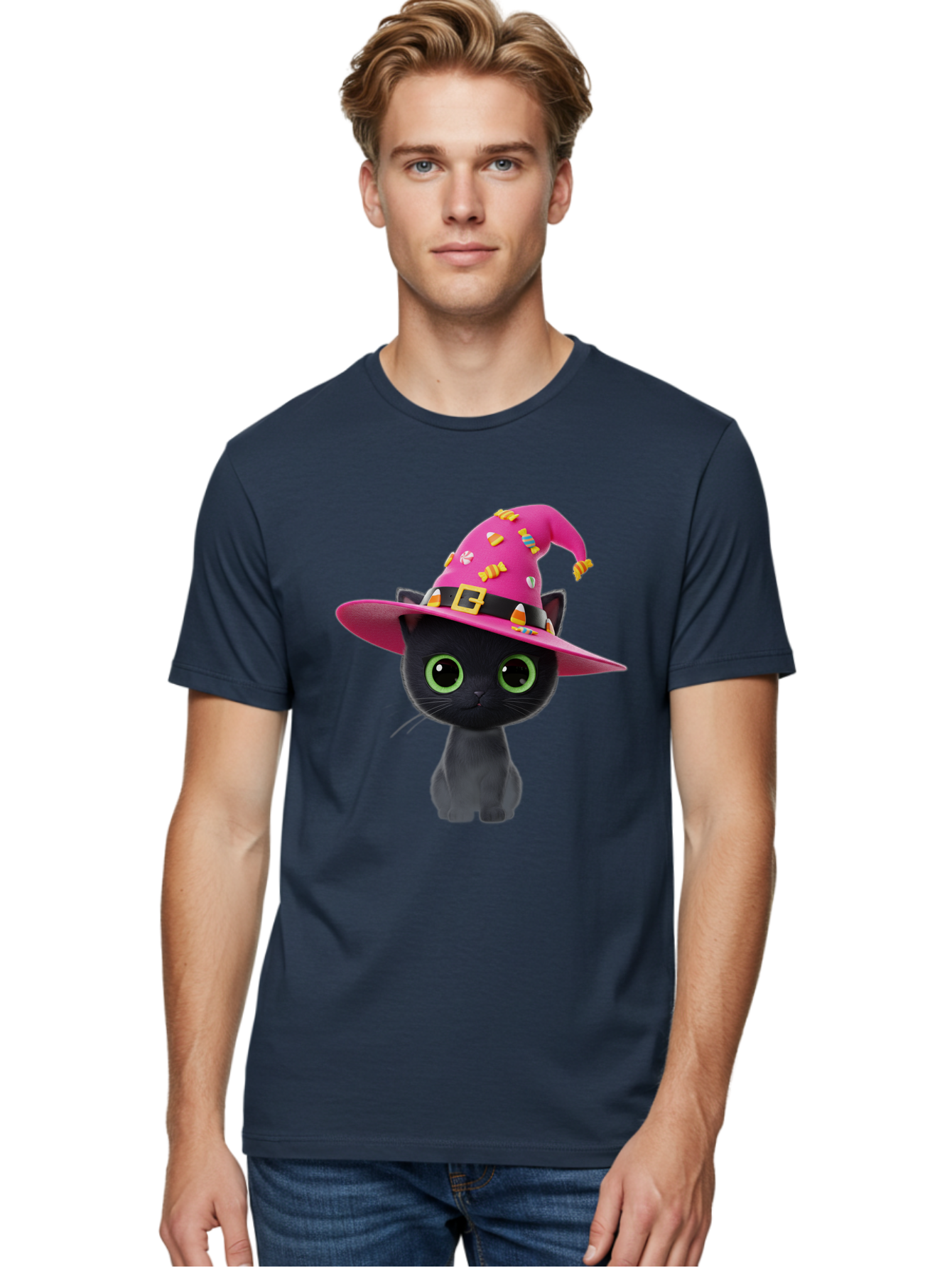 Black-Cat-With-Pink-Witch-Hat Men'S Graphic Tee, 100% Cotton, Comfortable Casual Summer Wear, Machine Washable, Black Cat, Pink Witch Hat, Candy Decorations, Gold Buckle, Green Eyes, Cartoon Style, Whimsical Design, Halloween Theme, Bac630