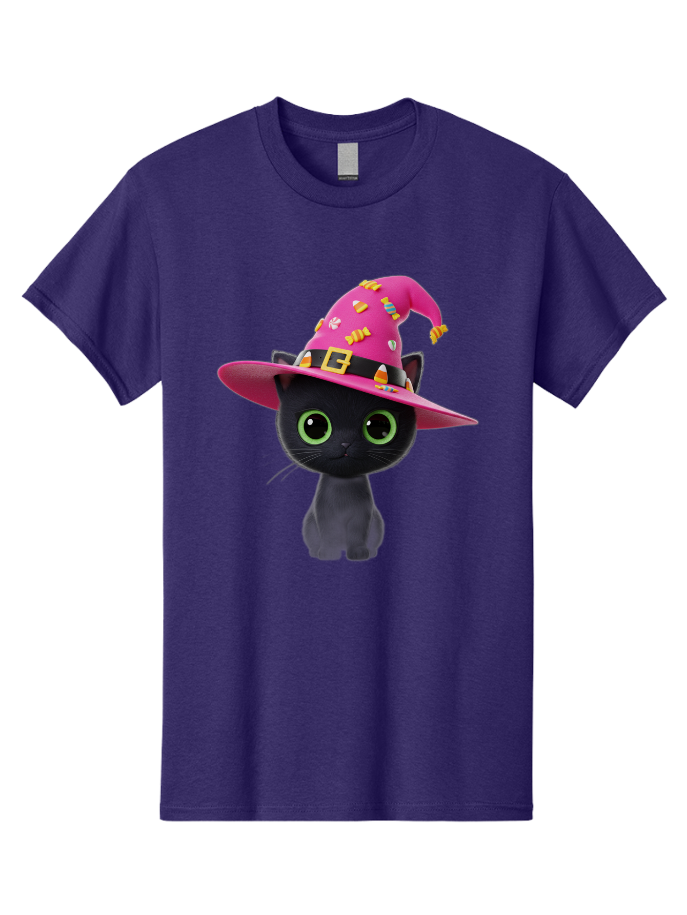 Black-Cat-With-Pink-Witch-Hat Men'S Graphic Tee, 100% Cotton, Comfortable Casual Summer Wear, Machine Washable, Black Cat, Pink Witch Hat, Candy Decorations, Gold Buckle, Green Eyes, Cartoon Style, Whimsical Design, Halloween Theme, Bac630