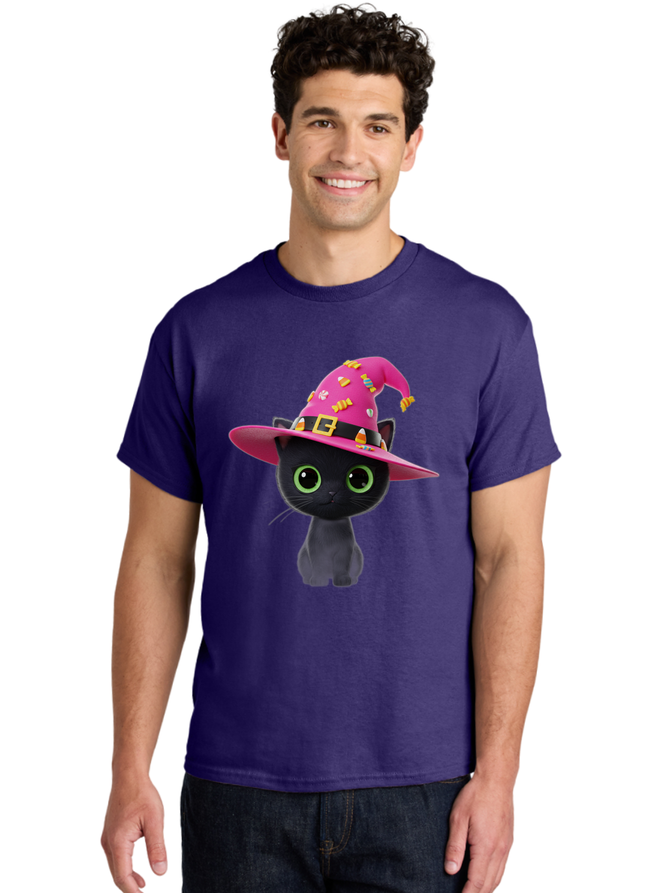 Black-Cat-With-Pink-Witch-Hat Men'S Graphic Tee, 100% Cotton, Comfortable Casual Summer Wear, Machine Washable, Black Cat, Pink Witch Hat, Candy Decorations, Gold Buckle, Green Eyes, Cartoon Style, Whimsical Design, Halloween Theme, Bac630