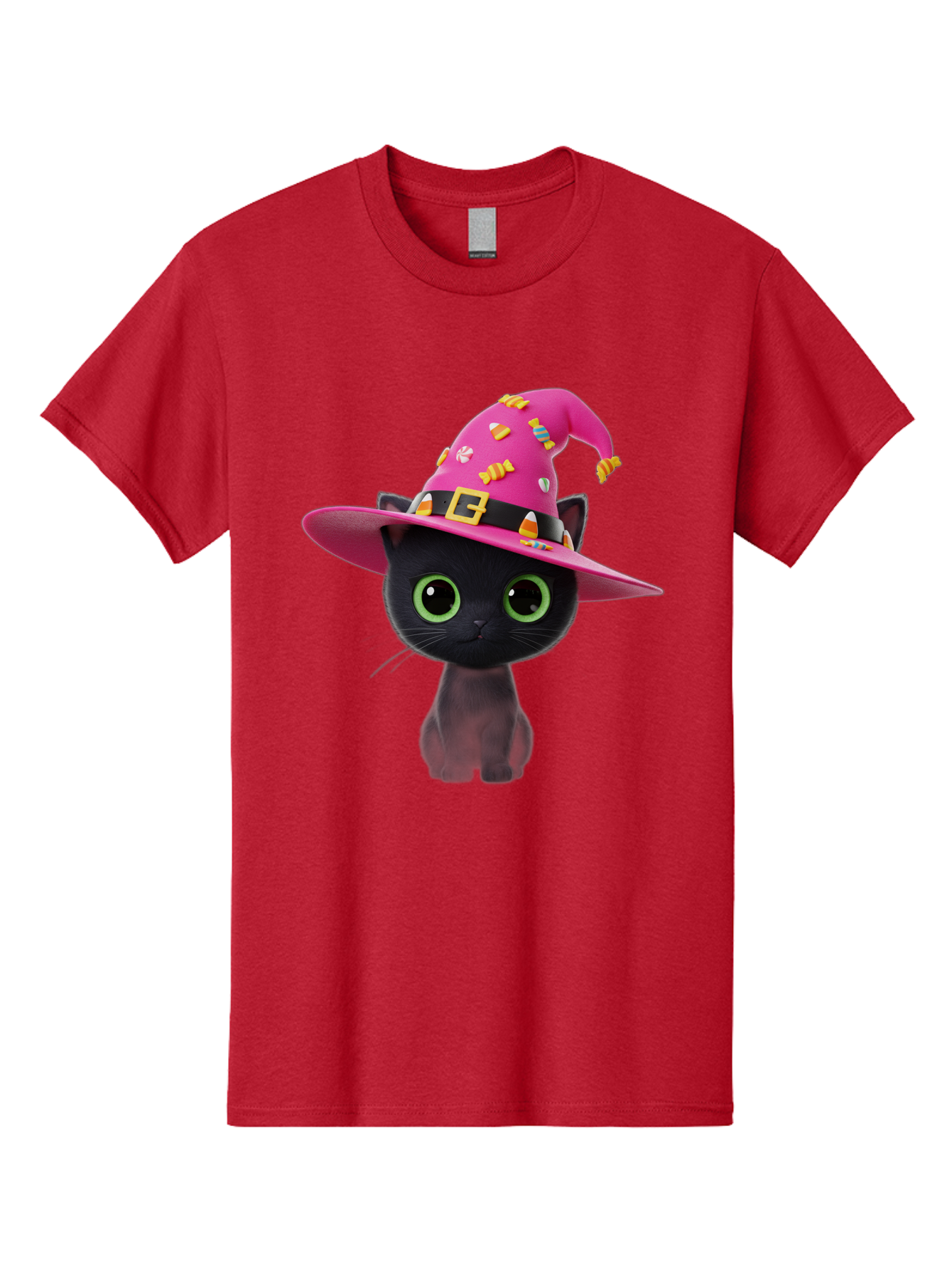 Black-Cat-With-Pink-Witch-Hat Men'S Graphic Tee, 100% Cotton, Comfortable Casual Summer Wear, Machine Washable, Black Cat, Pink Witch Hat, Candy Decorations, Gold Buckle, Green Eyes, Cartoon Style, Whimsical Design, Halloween Theme, Bac630