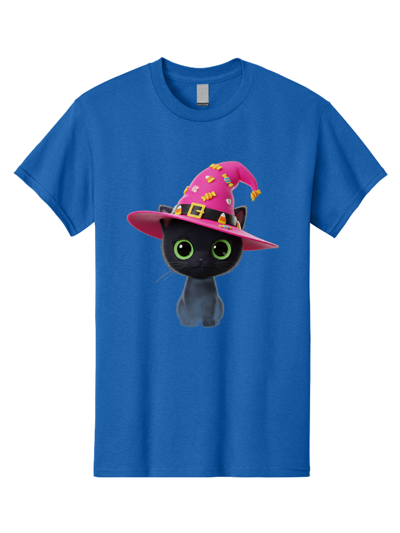 Black-Cat-With-Pink-Witch-Hat Men'S Graphic Tee, 100% Cotton, Comfortable Casual Summer Wear, Machine Washable, Black Cat, Pink Witch Hat, Candy Decorations, Gold Buckle, Green Eyes, Cartoon Style, Whimsical Design, Halloween Theme, Bac630