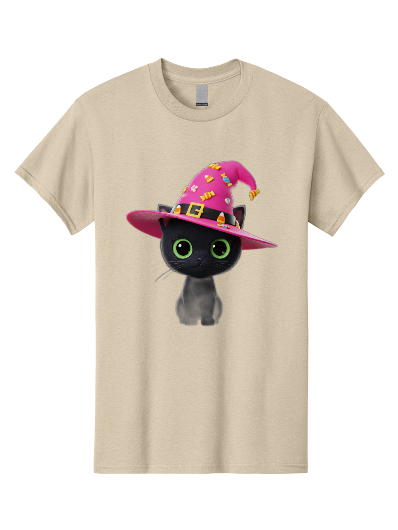 Black-Cat-With-Pink-Witch-Hat Men'S Graphic Tee, 100% Cotton, Comfortable Casual Summer Wear, Machine Washable, Black Cat, Pink Witch Hat, Candy Decorations, Gold Buckle, Green Eyes, Cartoon Style, Whimsical Design, Halloween Theme, Bac630