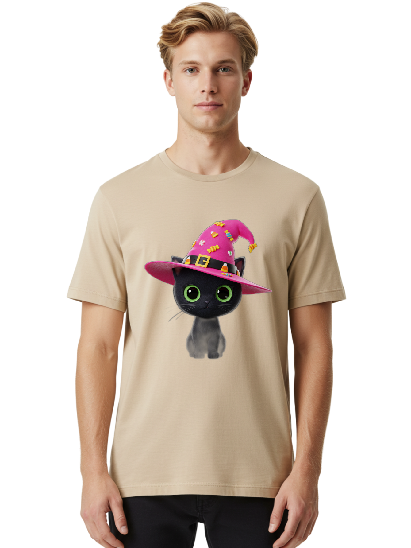 Black-Cat-With-Pink-Witch-Hat Men'S Graphic Tee, 100% Cotton, Comfortable Casual Summer Wear, Machine Washable, Black Cat, Pink Witch Hat, Candy Decorations, Gold Buckle, Green Eyes, Cartoon Style, Whimsical Design, Halloween Theme, Bac630