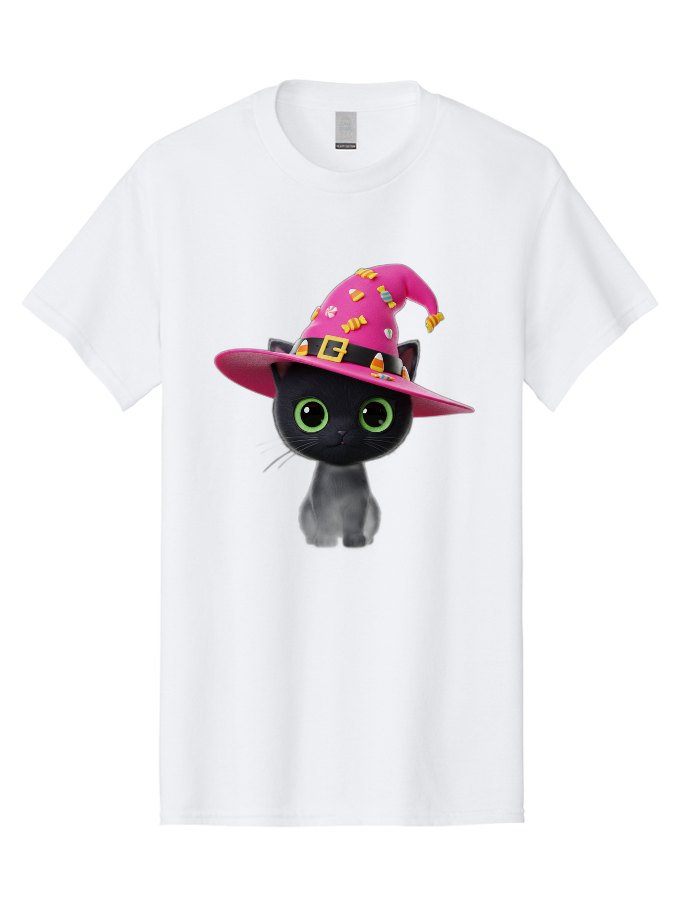 Black-Cat-With-Pink-Witch-Hat Men'S Graphic Tee, 100% Cotton, Comfortable Casual Summer Wear, Machine Washable, Black Cat, Pink Witch Hat, Candy Decorations, Gold Buckle, Green Eyes, Cartoon Style, Whimsical Design, Halloween Theme, Bac630