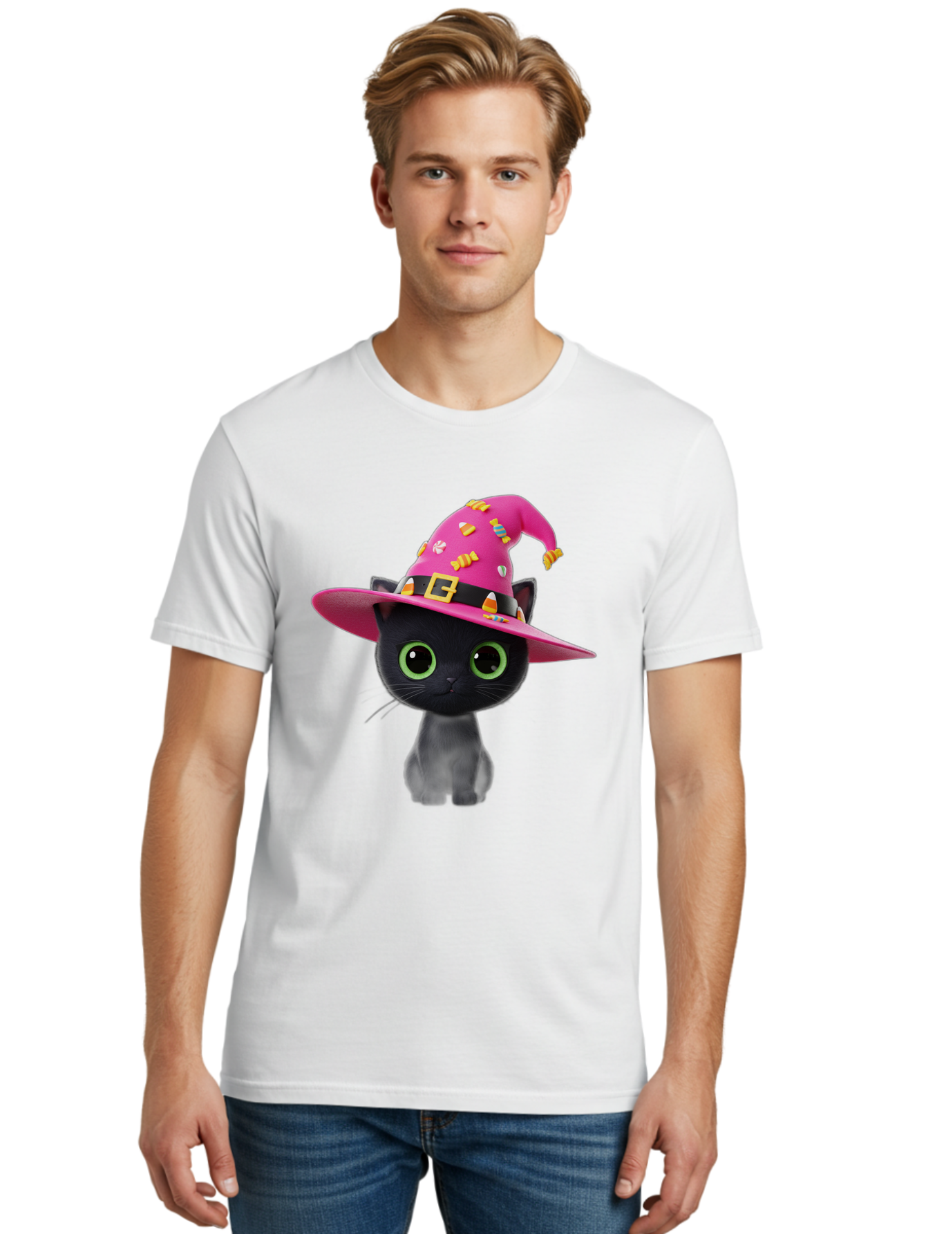 Black-Cat-With-Pink-Witch-Hat Men'S Graphic Tee, 100% Cotton, Comfortable Casual Summer Wear, Machine Washable, Black Cat, Pink Witch Hat, Candy Decorations, Gold Buckle, Green Eyes, Cartoon Style, Whimsical Design, Halloween Theme, Bac630