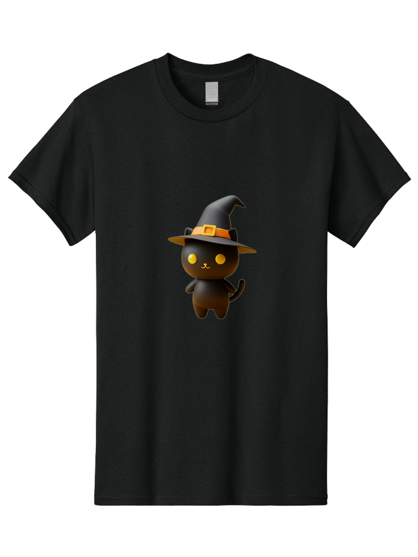Black-Cat-With-Witch-Hat Men'S Graphic Tee, 100% Cotton, Comfortable Casual Summer Wear, Machine Washable, Black Cat, Witch Hat, Orange Belt, Yellow Buckle, 3D Rendering, Cartoon Character, Halloween Theme, Cute Animal, Whimsical Design, Bac631