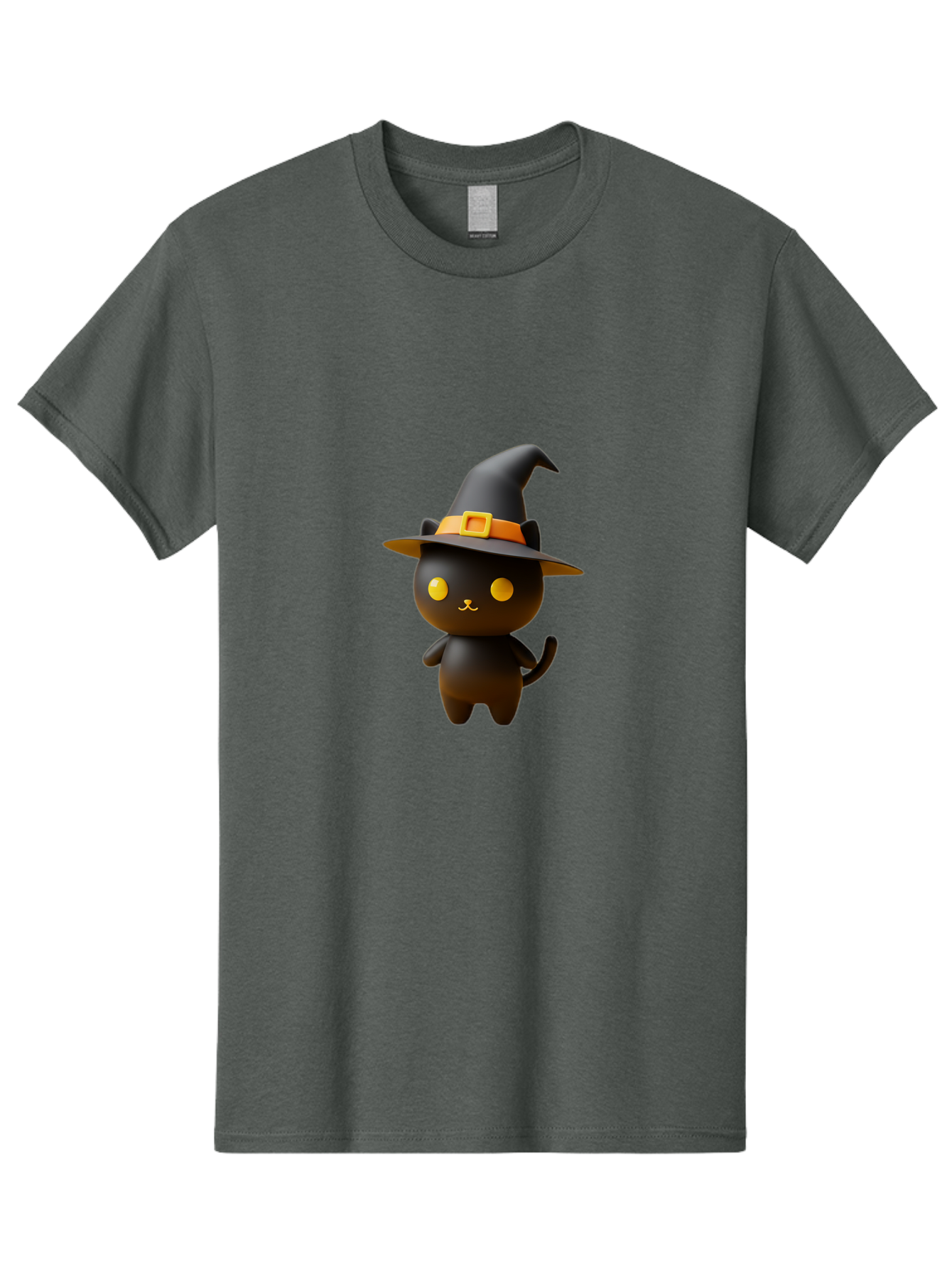 Black-Cat-With-Witch-Hat Men'S Graphic Tee, 100% Cotton, Comfortable Casual Summer Wear, Machine Washable, Black Cat, Witch Hat, Orange Belt, Yellow Buckle, 3D Rendering, Cartoon Character, Halloween Theme, Cute Animal, Whimsical Design, Bac631
