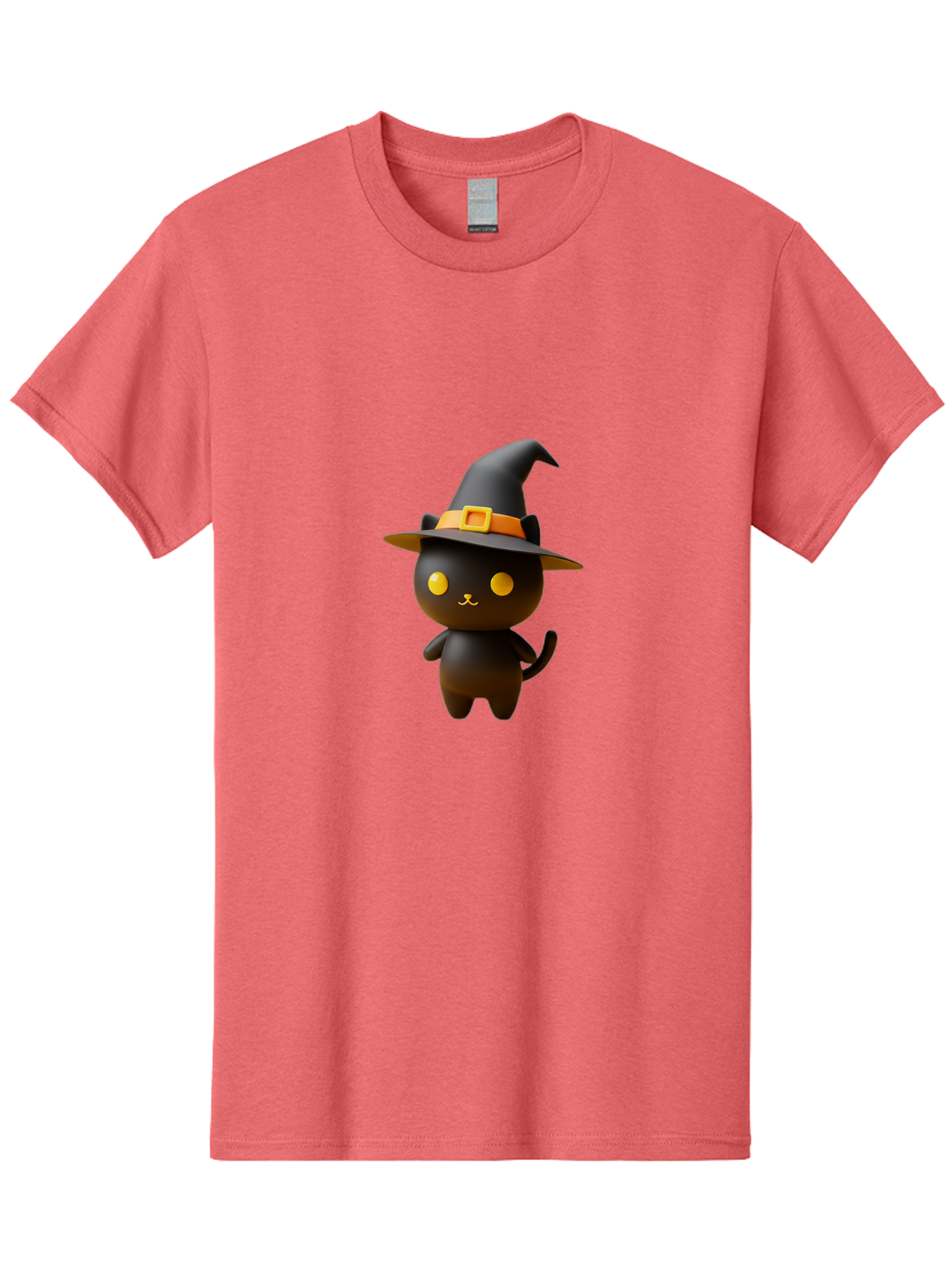 Black-Cat-With-Witch-Hat Men'S Graphic Tee, 100% Cotton, Comfortable Casual Summer Wear, Machine Washable, Black Cat, Witch Hat, Orange Belt, Yellow Buckle, 3D Rendering, Cartoon Character, Halloween Theme, Cute Animal, Whimsical Design, Bac631