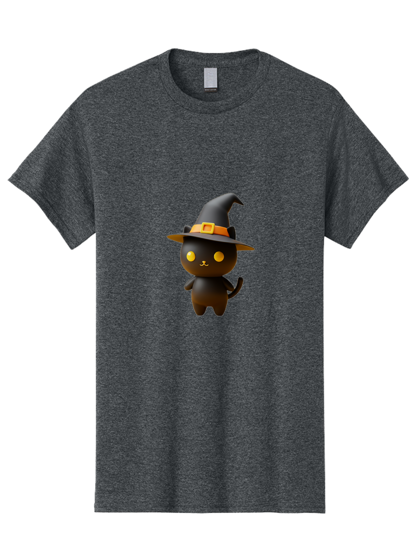 Black-Cat-With-Witch-Hat Men'S Graphic Tee, 100% Cotton, Comfortable Casual Summer Wear, Machine Washable, Black Cat, Witch Hat, Orange Belt, Yellow Buckle, 3D Rendering, Cartoon Character, Halloween Theme, Cute Animal, Whimsical Design, Bac631