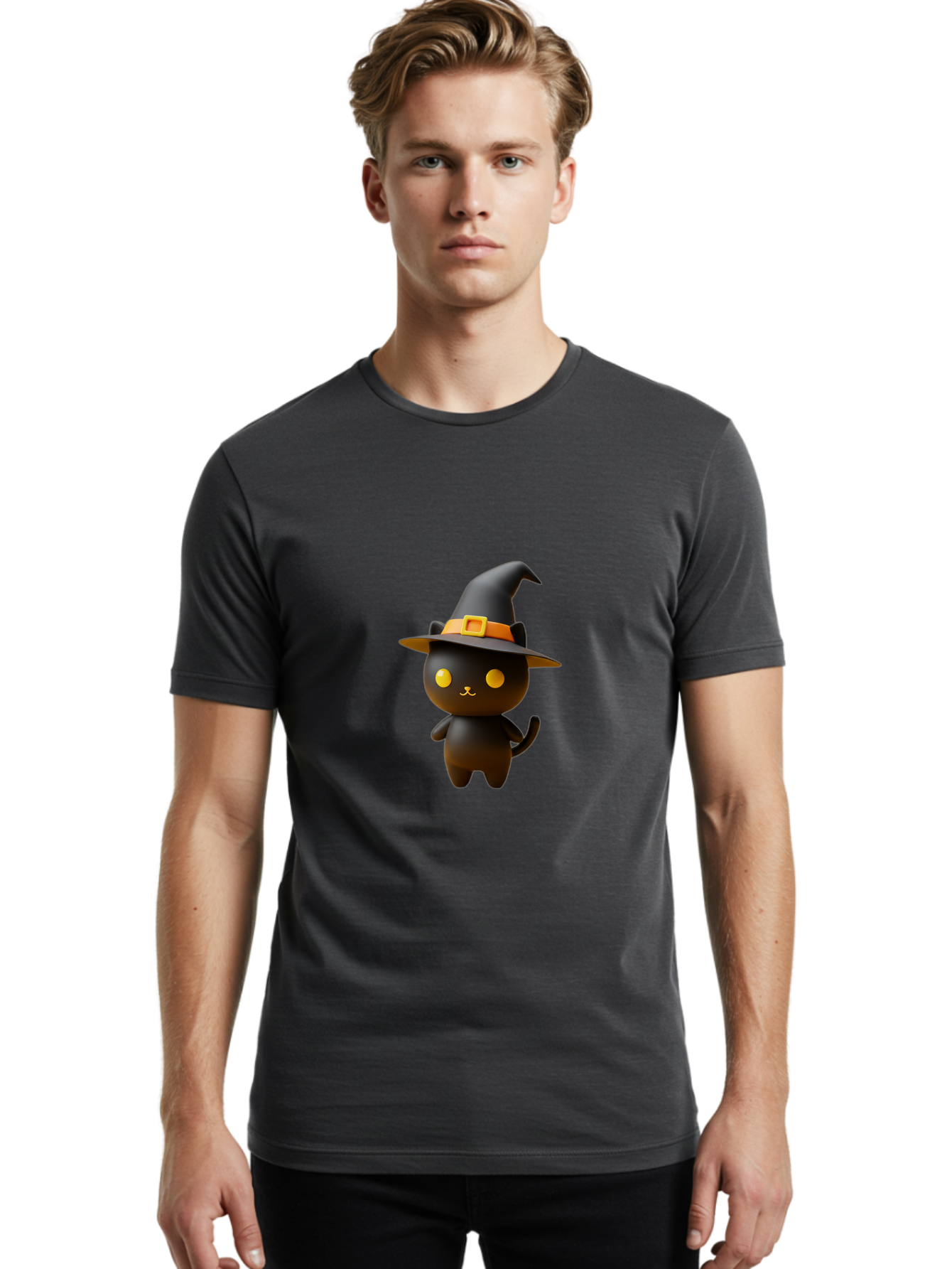Black-Cat-With-Witch-Hat Men'S Graphic Tee, 100% Cotton, Comfortable Casual Summer Wear, Machine Washable, Black Cat, Witch Hat, Orange Belt, Yellow Buckle, 3D Rendering, Cartoon Character, Halloween Theme, Cute Animal, Whimsical Design, Bac631