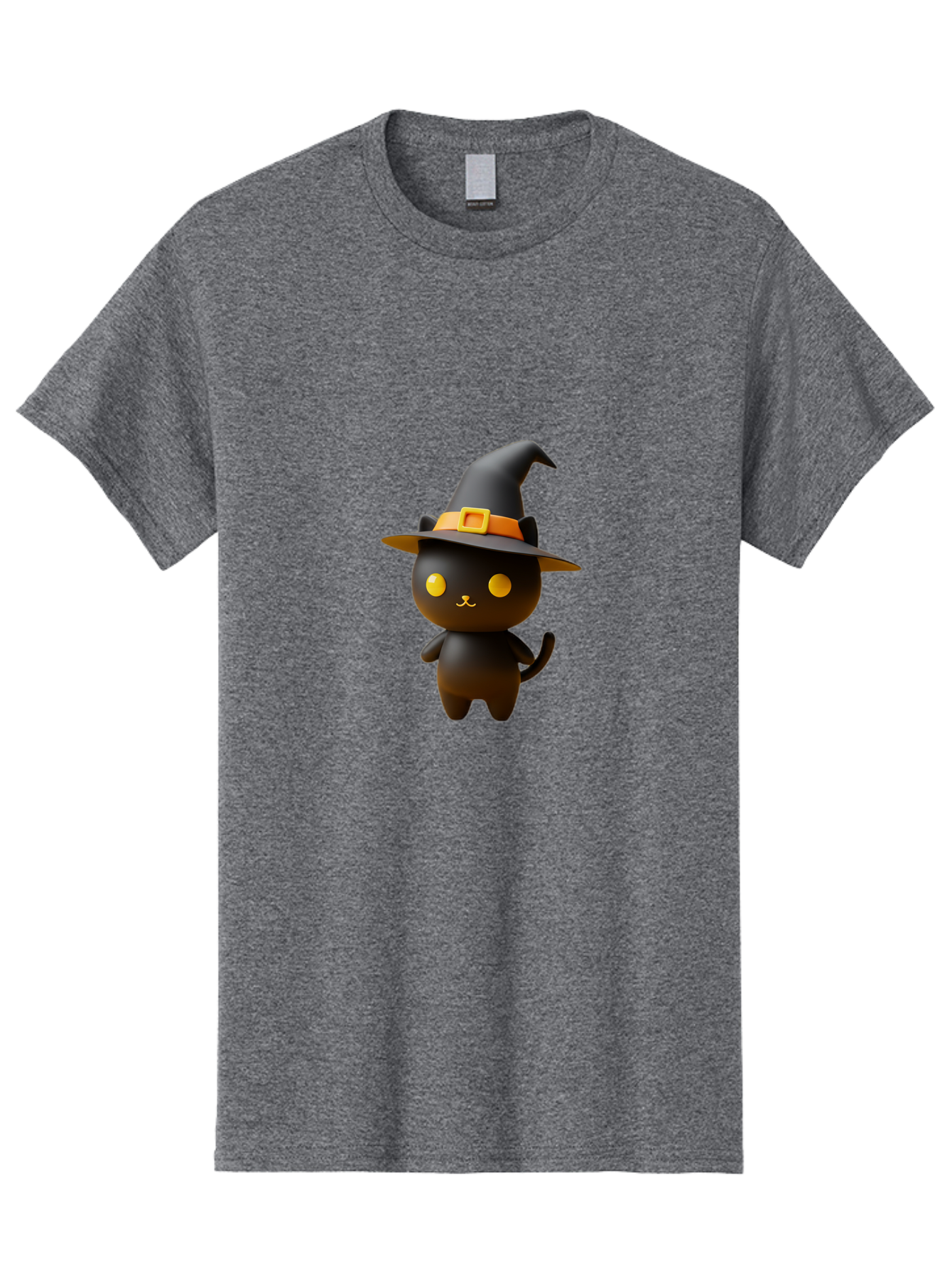 Black-Cat-With-Witch-Hat Men'S Graphic Tee, 100% Cotton, Comfortable Casual Summer Wear, Machine Washable, Black Cat, Witch Hat, Orange Belt, Yellow Buckle, 3D Rendering, Cartoon Character, Halloween Theme, Cute Animal, Whimsical Design, Bac631