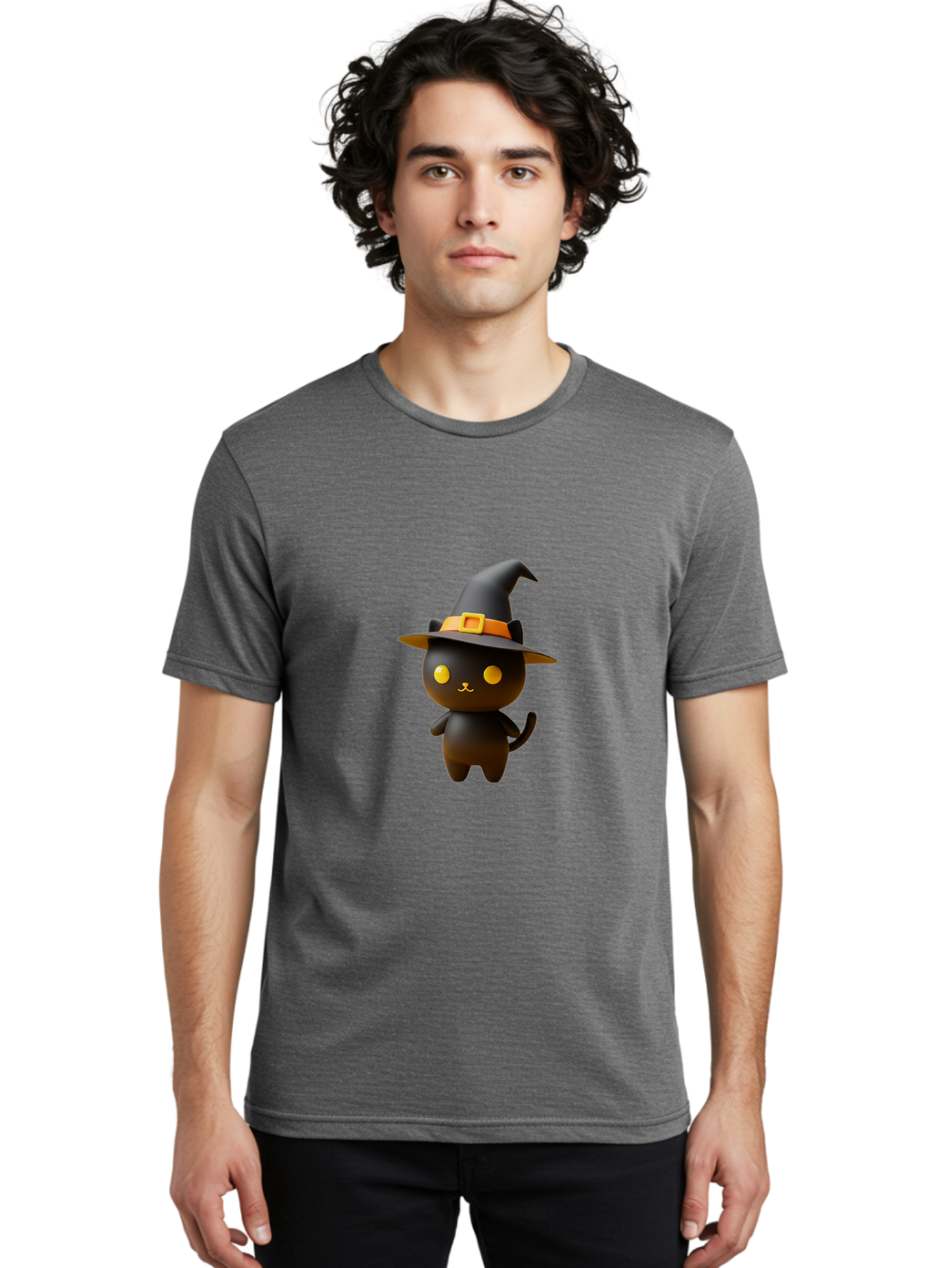 Black-Cat-With-Witch-Hat Men'S Graphic Tee, 100% Cotton, Comfortable Casual Summer Wear, Machine Washable, Black Cat, Witch Hat, Orange Belt, Yellow Buckle, 3D Rendering, Cartoon Character, Halloween Theme, Cute Animal, Whimsical Design, Bac631
