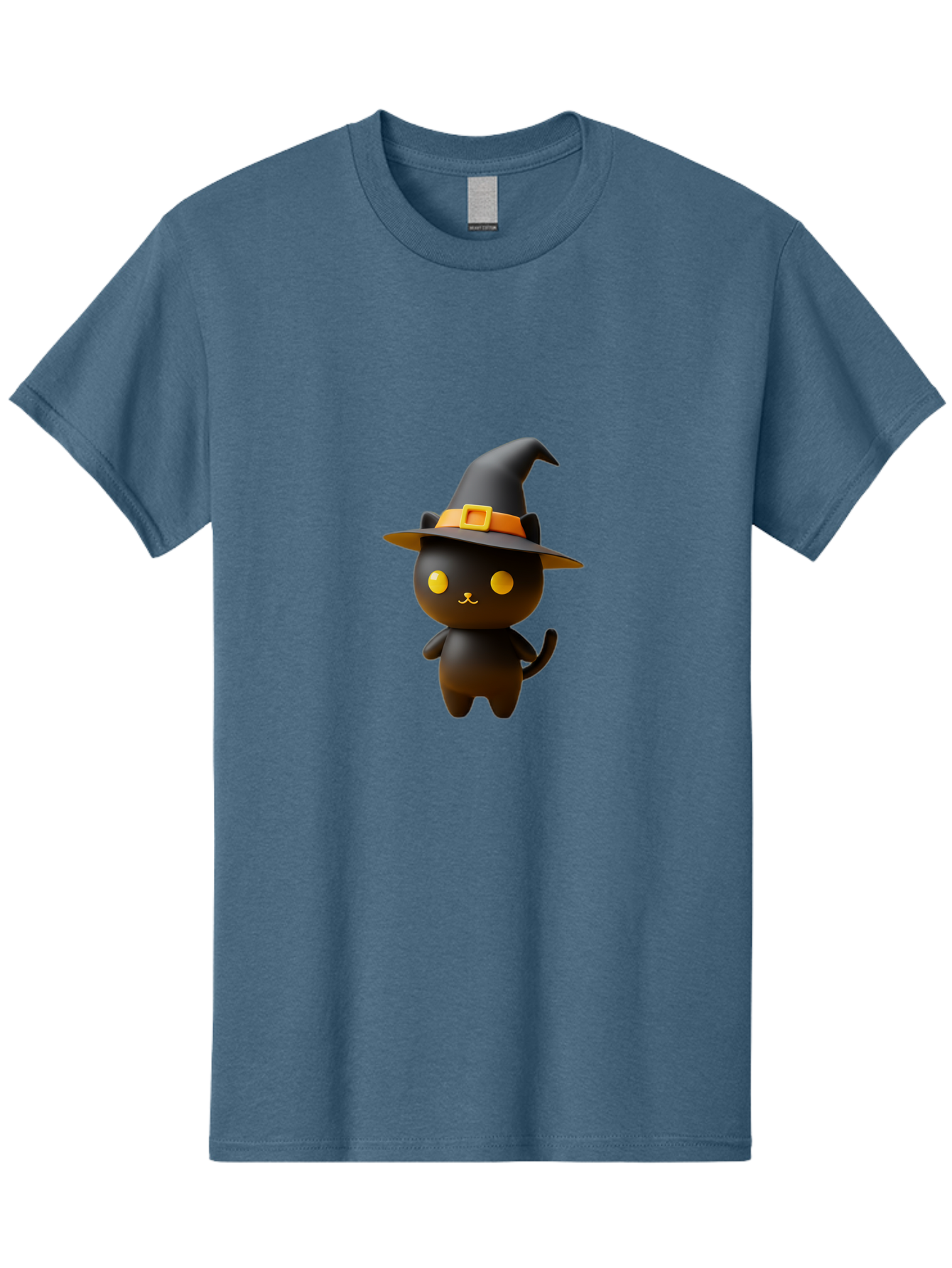 Black-Cat-With-Witch-Hat Men'S Graphic Tee, 100% Cotton, Comfortable Casual Summer Wear, Machine Washable, Black Cat, Witch Hat, Orange Belt, Yellow Buckle, 3D Rendering, Cartoon Character, Halloween Theme, Cute Animal, Whimsical Design, Bac631