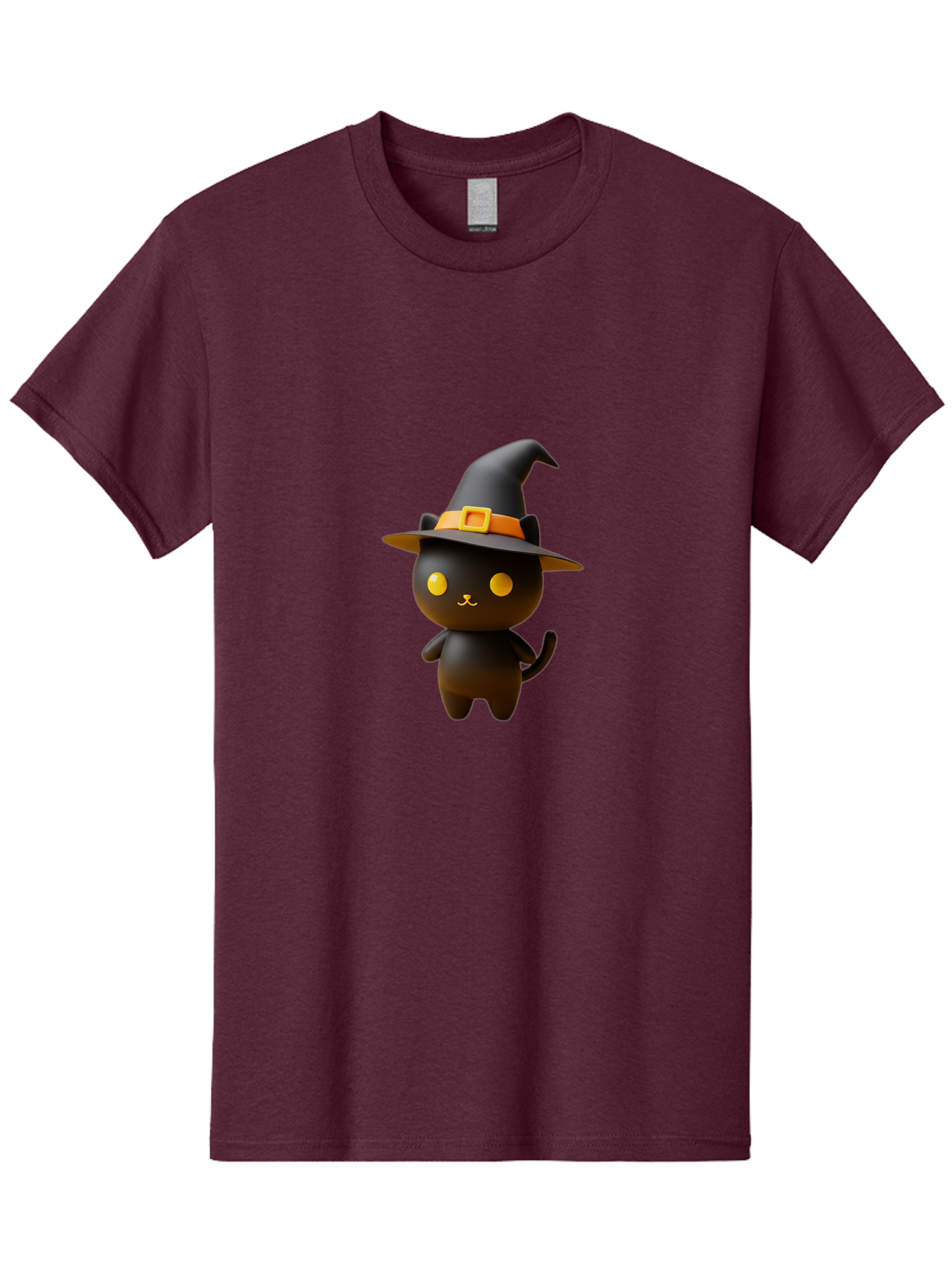 Black-Cat-With-Witch-Hat Men'S Graphic Tee, 100% Cotton, Comfortable Casual Summer Wear, Machine Washable, Black Cat, Witch Hat, Orange Belt, Yellow Buckle, 3D Rendering, Cartoon Character, Halloween Theme, Cute Animal, Whimsical Design, Bac631
