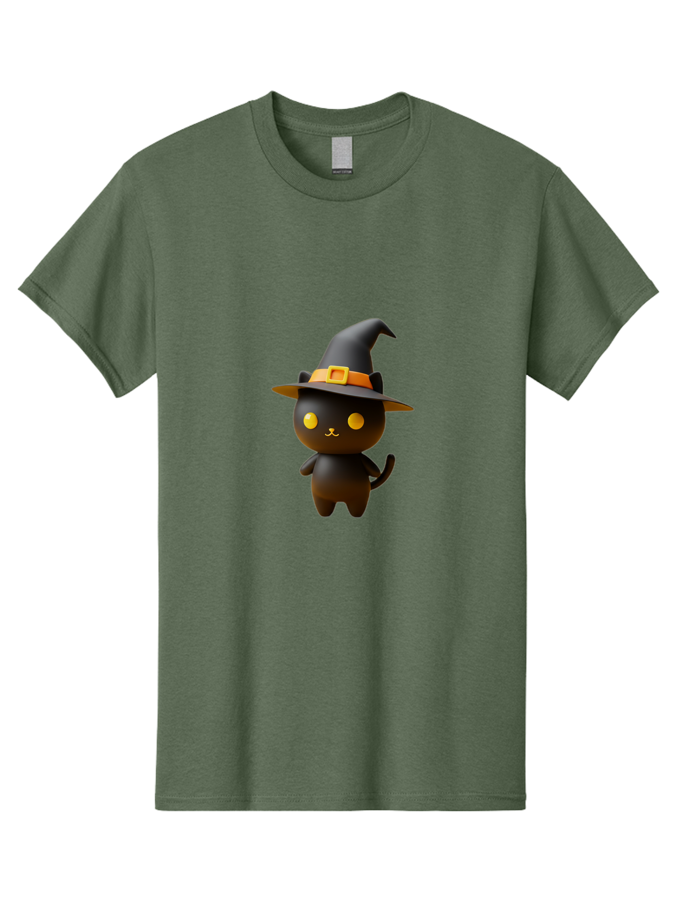 Black-Cat-With-Witch-Hat Men'S Graphic Tee, 100% Cotton, Comfortable Casual Summer Wear, Machine Washable, Black Cat, Witch Hat, Orange Belt, Yellow Buckle, 3D Rendering, Cartoon Character, Halloween Theme, Cute Animal, Whimsical Design, Bac631