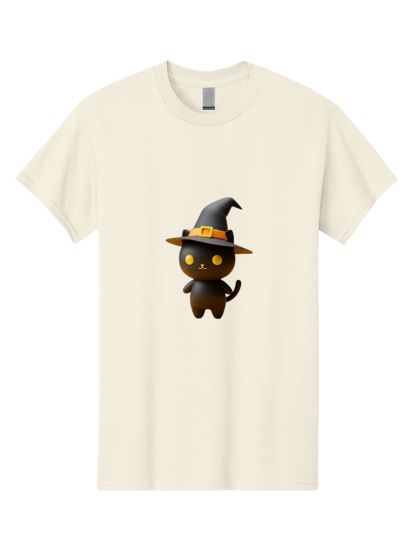 Black-Cat-With-Witch-Hat Men'S Graphic Tee, 100% Cotton, Comfortable Casual Summer Wear, Machine Washable, Black Cat, Witch Hat, Orange Belt, Yellow Buckle, 3D Rendering, Cartoon Character, Halloween Theme, Cute Animal, Whimsical Design, Bac631