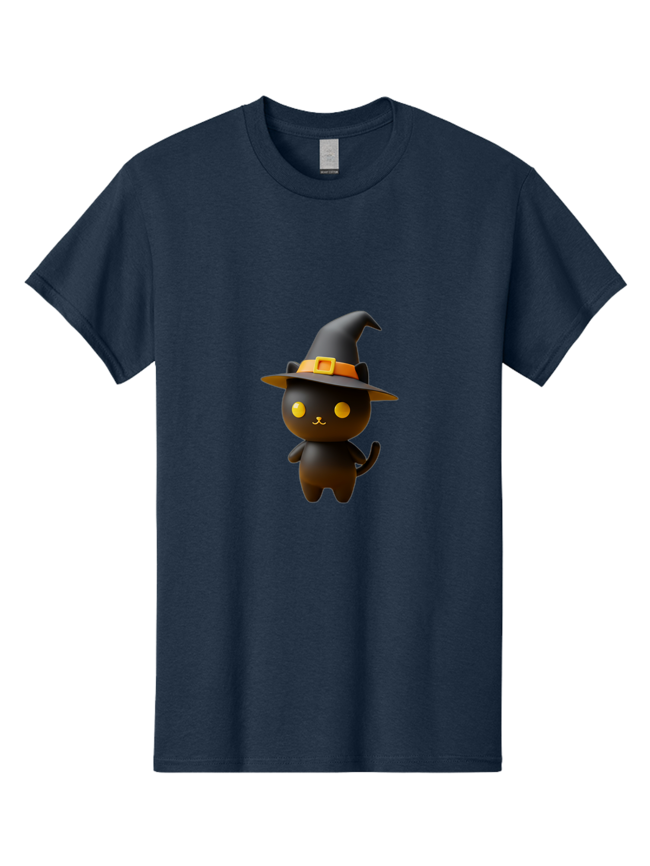 Black-Cat-With-Witch-Hat Men'S Graphic Tee, 100% Cotton, Comfortable Casual Summer Wear, Machine Washable, Black Cat, Witch Hat, Orange Belt, Yellow Buckle, 3D Rendering, Cartoon Character, Halloween Theme, Cute Animal, Whimsical Design, Bac631