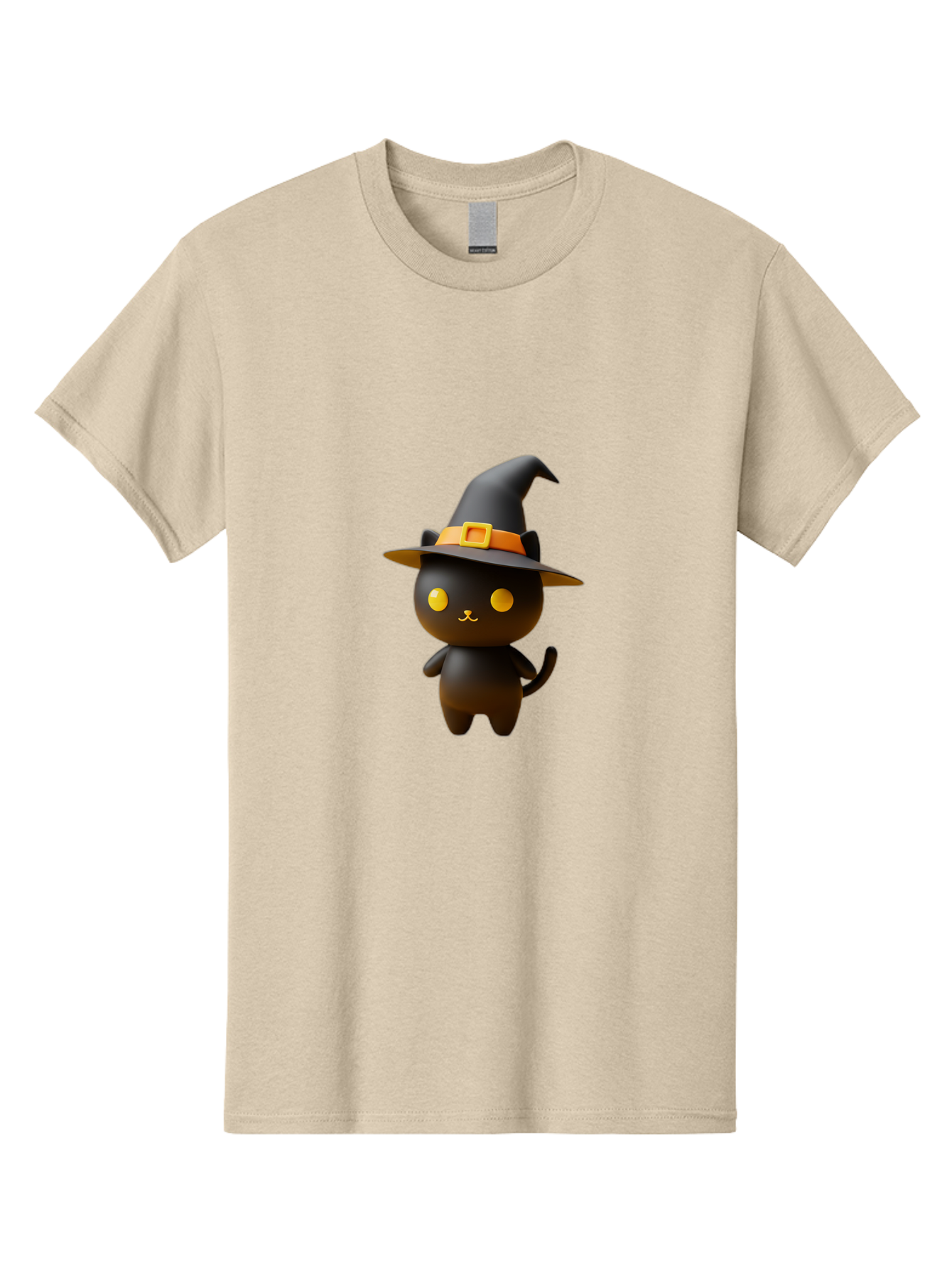 Black-Cat-With-Witch-Hat Men'S Graphic Tee, 100% Cotton, Comfortable Casual Summer Wear, Machine Washable, Black Cat, Witch Hat, Orange Belt, Yellow Buckle, 3D Rendering, Cartoon Character, Halloween Theme, Cute Animal, Whimsical Design, Bac631