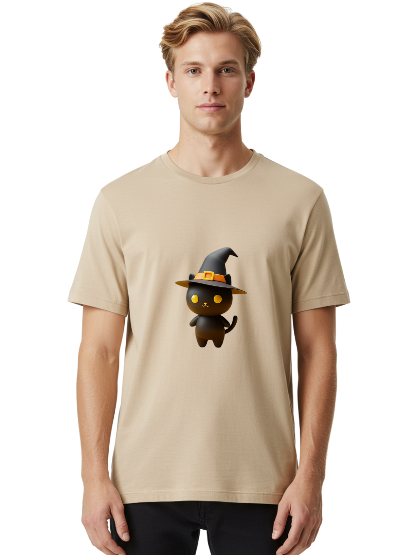 Black-Cat-With-Witch-Hat Men'S Graphic Tee, 100% Cotton, Comfortable Casual Summer Wear, Machine Washable, Black Cat, Witch Hat, Orange Belt, Yellow Buckle, 3D Rendering, Cartoon Character, Halloween Theme, Cute Animal, Whimsical Design, Bac631