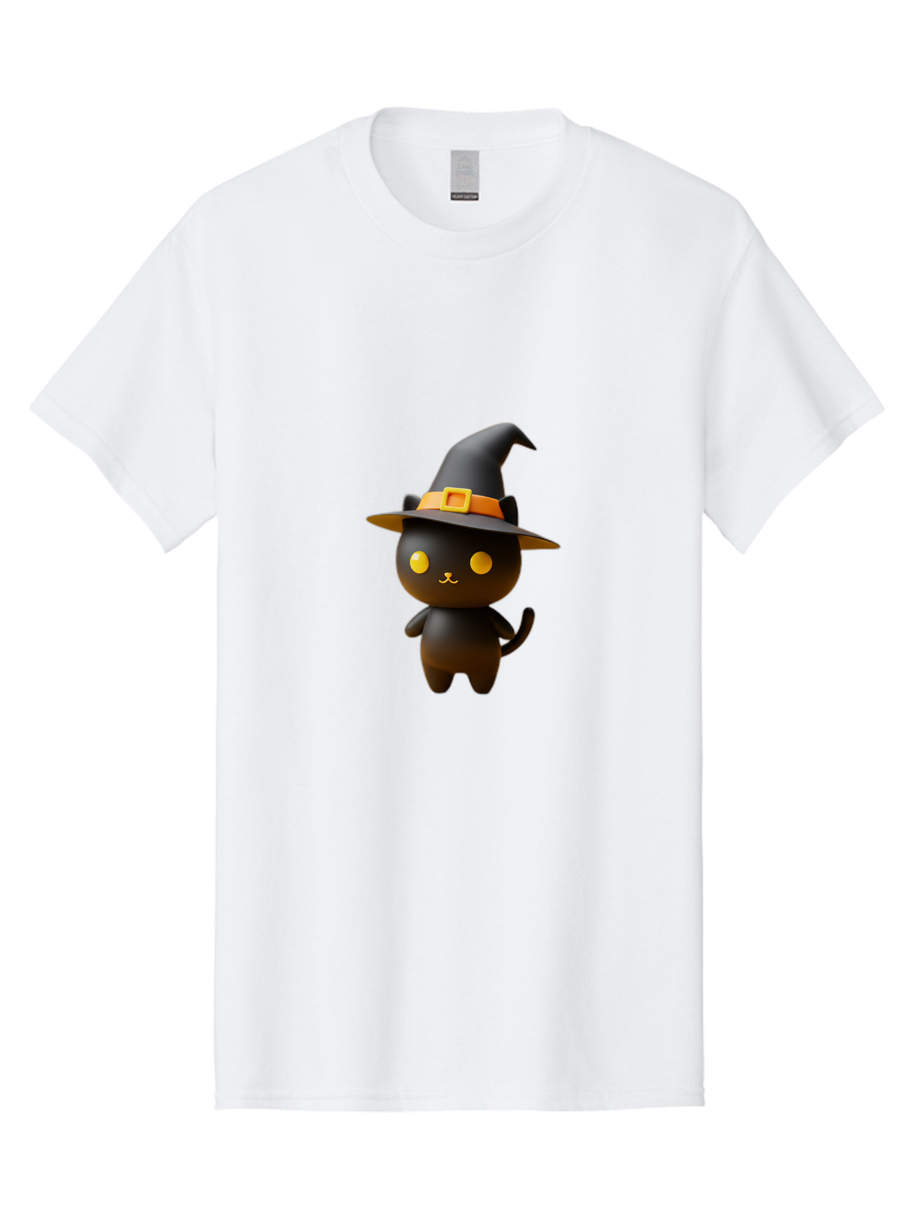 Black-Cat-With-Witch-Hat Men'S Graphic Tee, 100% Cotton, Comfortable Casual Summer Wear, Machine Washable, Black Cat, Witch Hat, Orange Belt, Yellow Buckle, 3D Rendering, Cartoon Character, Halloween Theme, Cute Animal, Whimsical Design, Bac631