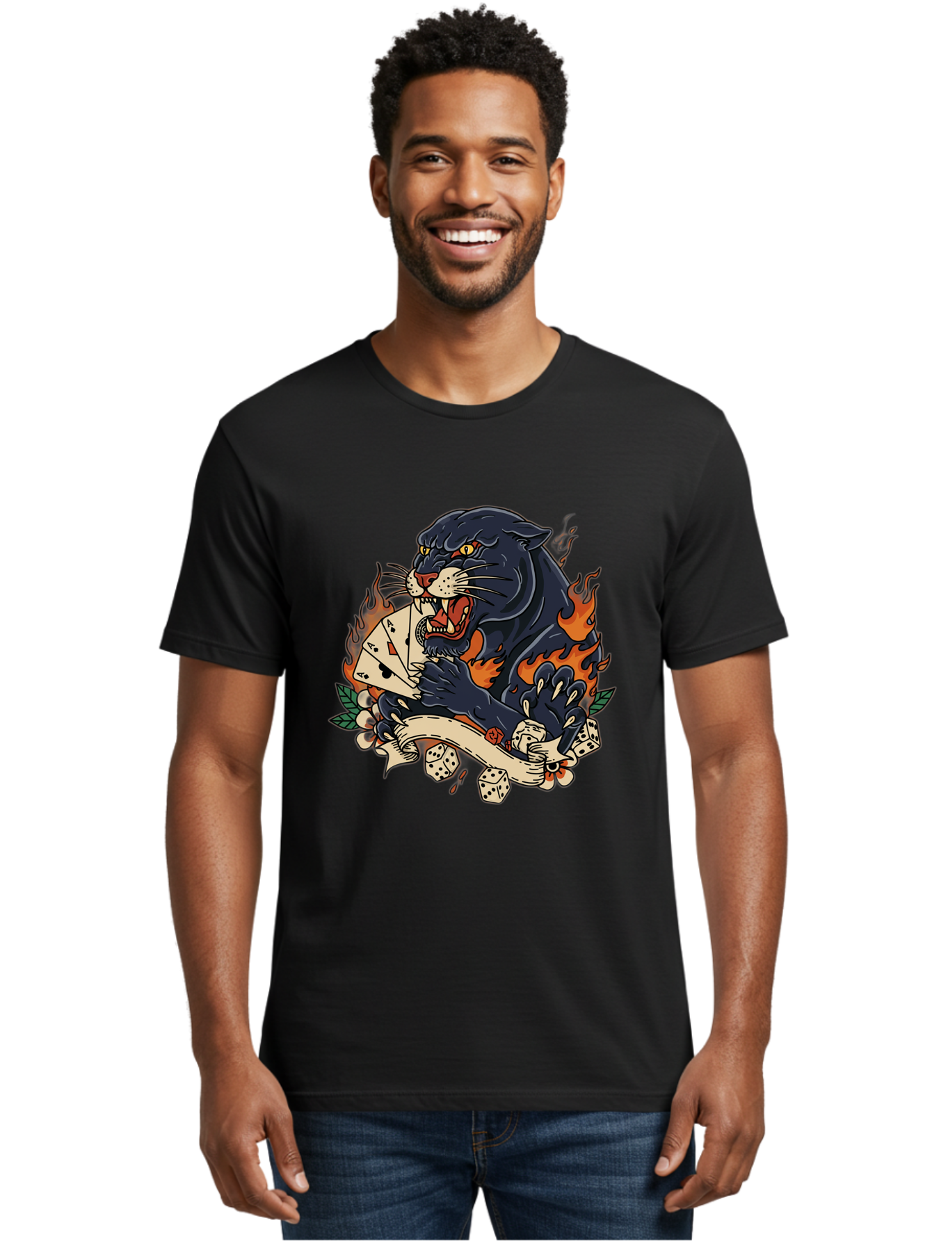 Black-Panther-Card-Tattoo Men'S Graphic Tee, 100% Cotton, Comfortable Casual Summer Wear, Machine Washable, Black Panther, Playing Cards, Dice, Banner, Flames, Aggressive Posture, Tattoo Design, Casino Theme, Gambling, Fierce Animal, Bac633