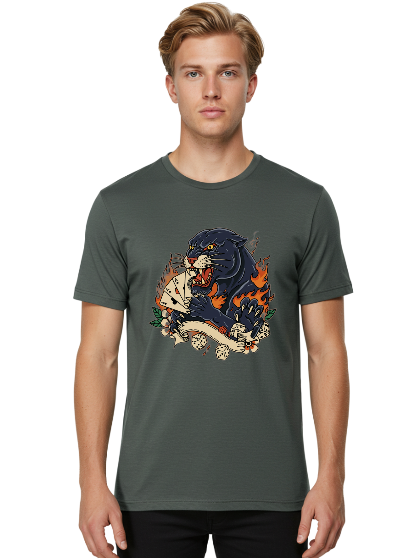 Black-Panther-Card-Tattoo Men'S Graphic Tee, 100% Cotton, Comfortable Casual Summer Wear, Machine Washable, Black Panther, Playing Cards, Dice, Banner, Flames, Aggressive Posture, Tattoo Design, Casino Theme, Gambling, Fierce Animal, Bac633