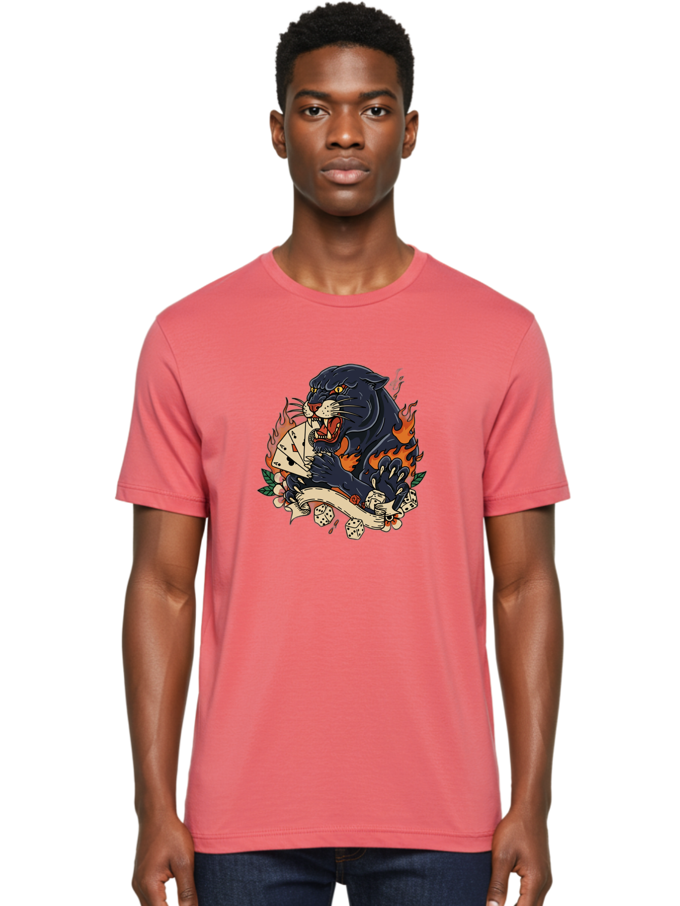 Black-Panther-Card-Tattoo Men'S Graphic Tee, 100% Cotton, Comfortable Casual Summer Wear, Machine Washable, Black Panther, Playing Cards, Dice, Banner, Flames, Aggressive Posture, Tattoo Design, Casino Theme, Gambling, Fierce Animal, Bac633