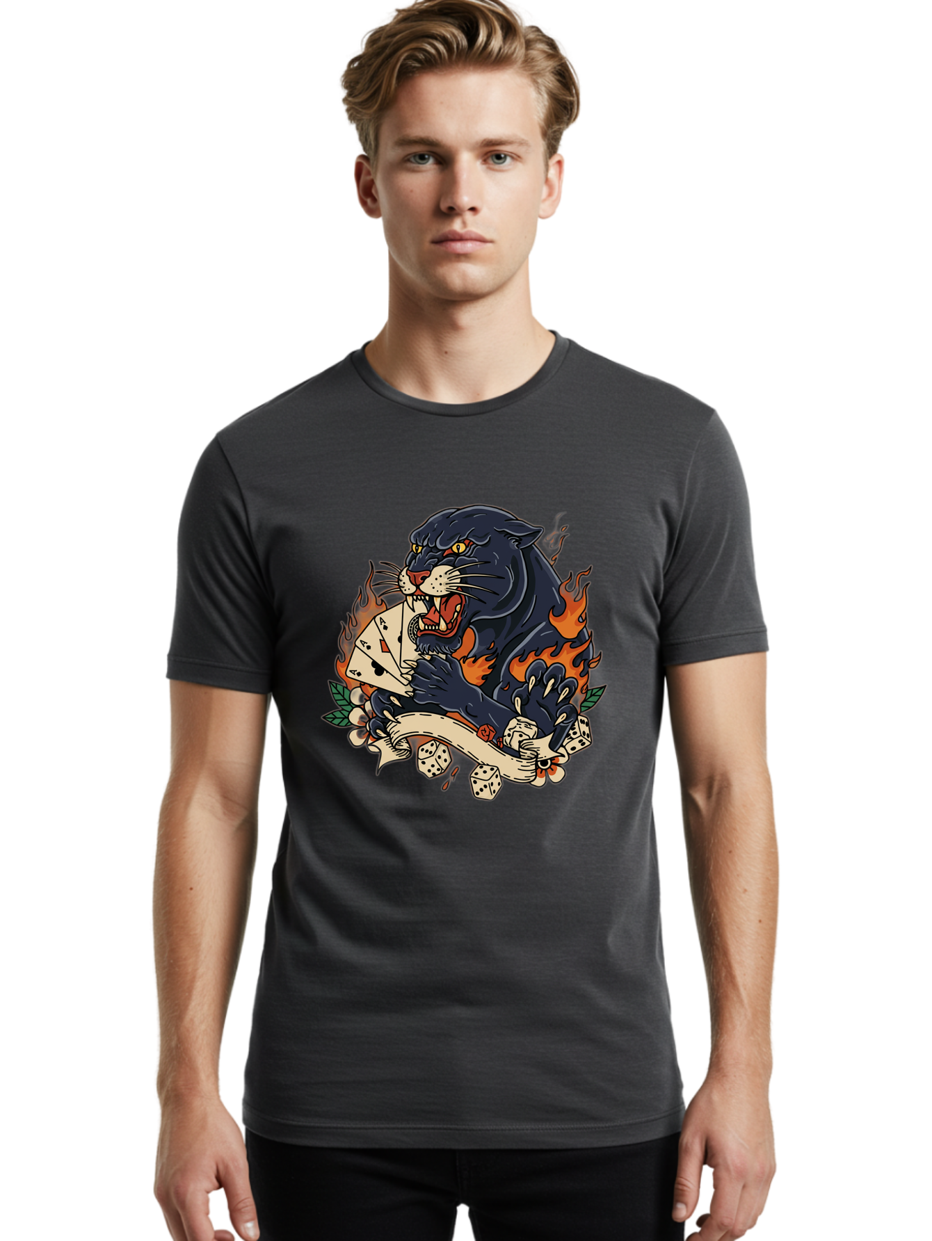 Black-Panther-Card-Tattoo Men'S Graphic Tee, 100% Cotton, Comfortable Casual Summer Wear, Machine Washable, Black Panther, Playing Cards, Dice, Banner, Flames, Aggressive Posture, Tattoo Design, Casino Theme, Gambling, Fierce Animal, Bac633