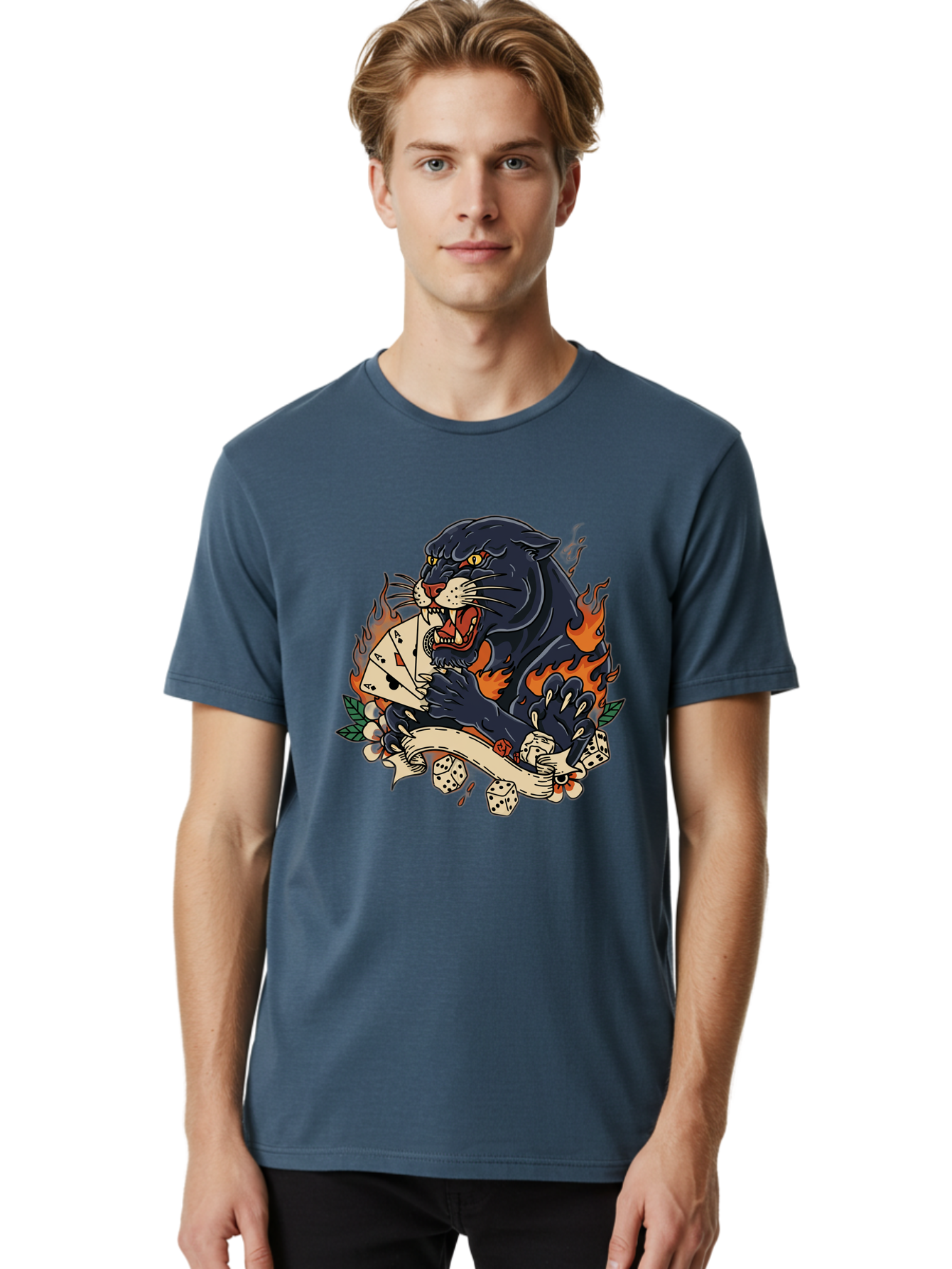 Black-Panther-Card-Tattoo Men'S Graphic Tee, 100% Cotton, Comfortable Casual Summer Wear, Machine Washable, Black Panther, Playing Cards, Dice, Banner, Flames, Aggressive Posture, Tattoo Design, Casino Theme, Gambling, Fierce Animal, Bac633