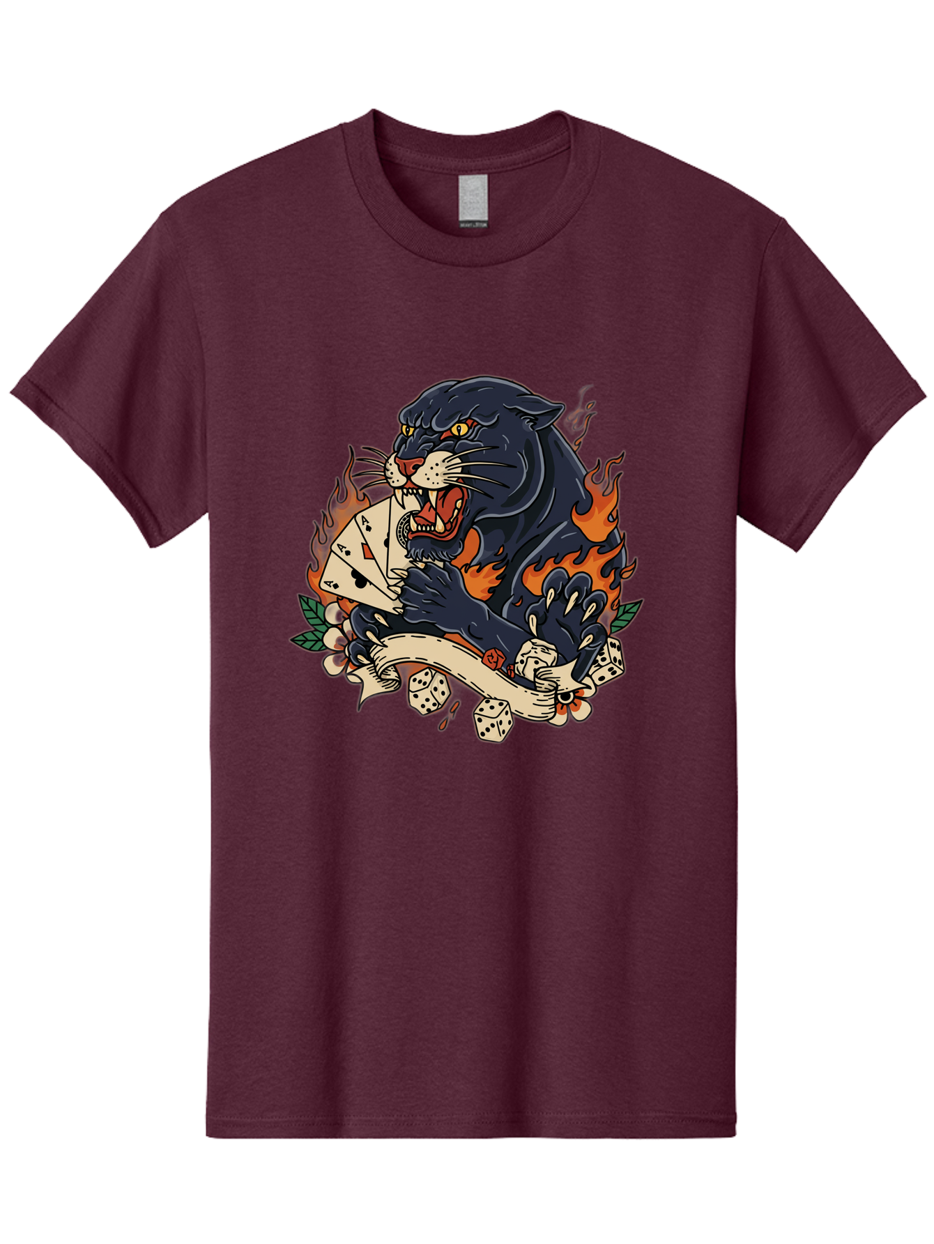 Black-Panther-Card-Tattoo Men'S Graphic Tee, 100% Cotton, Comfortable Casual Summer Wear, Machine Washable, Black Panther, Playing Cards, Dice, Banner, Flames, Aggressive Posture, Tattoo Design, Casino Theme, Gambling, Fierce Animal, Bac633