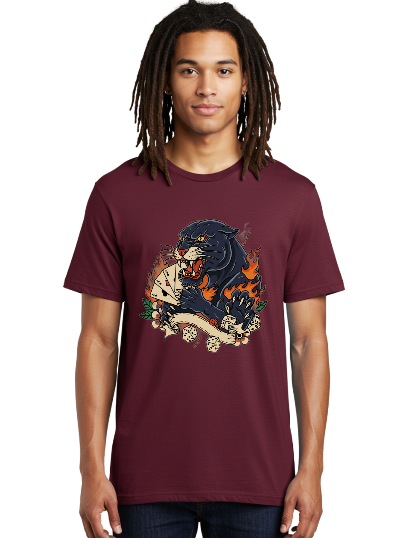 Black-Panther-Card-Tattoo Men'S Graphic Tee, 100% Cotton, Comfortable Casual Summer Wear, Machine Washable, Black Panther, Playing Cards, Dice, Banner, Flames, Aggressive Posture, Tattoo Design, Casino Theme, Gambling, Fierce Animal, Bac633
