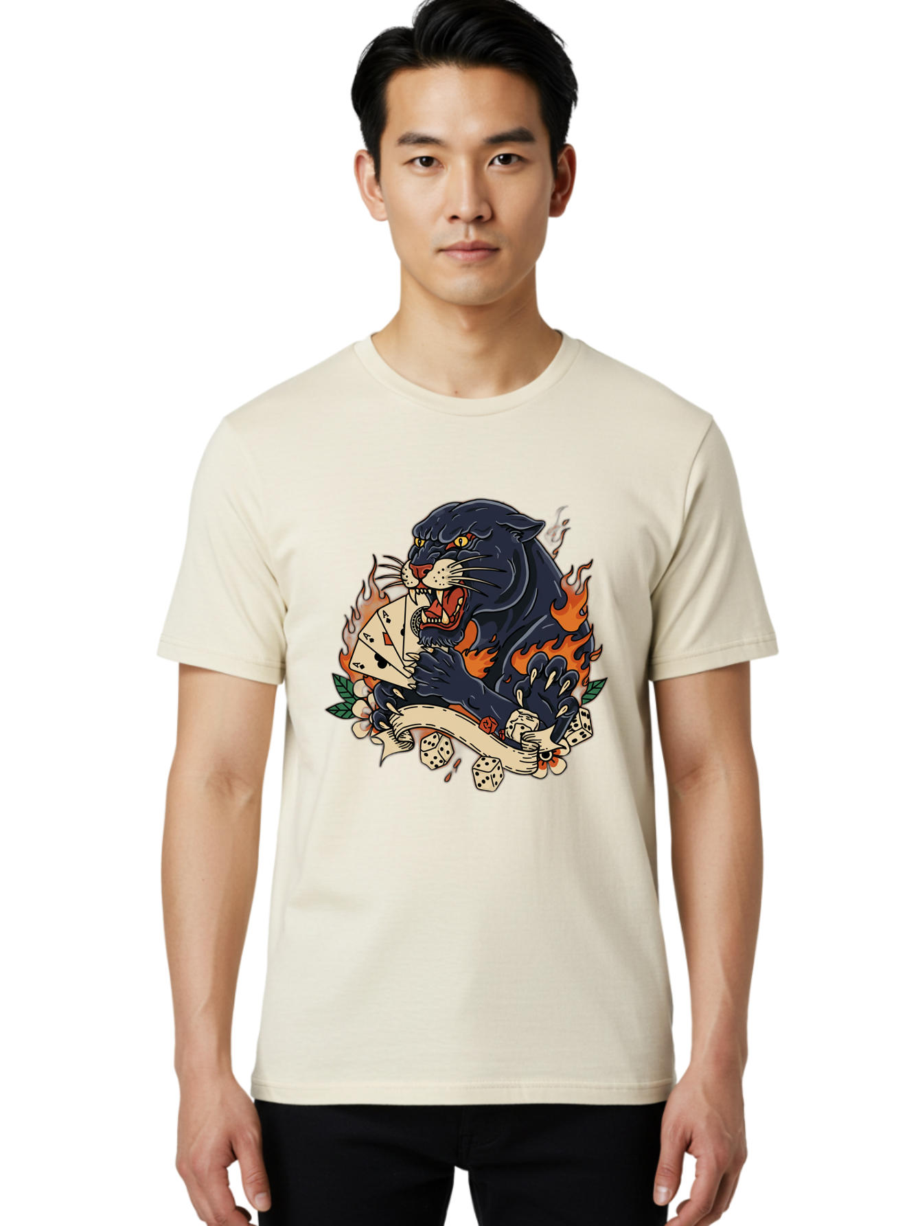 Black-Panther-Card-Tattoo Men'S Graphic Tee, 100% Cotton, Comfortable Casual Summer Wear, Machine Washable, Black Panther, Playing Cards, Dice, Banner, Flames, Aggressive Posture, Tattoo Design, Casino Theme, Gambling, Fierce Animal, Bac633