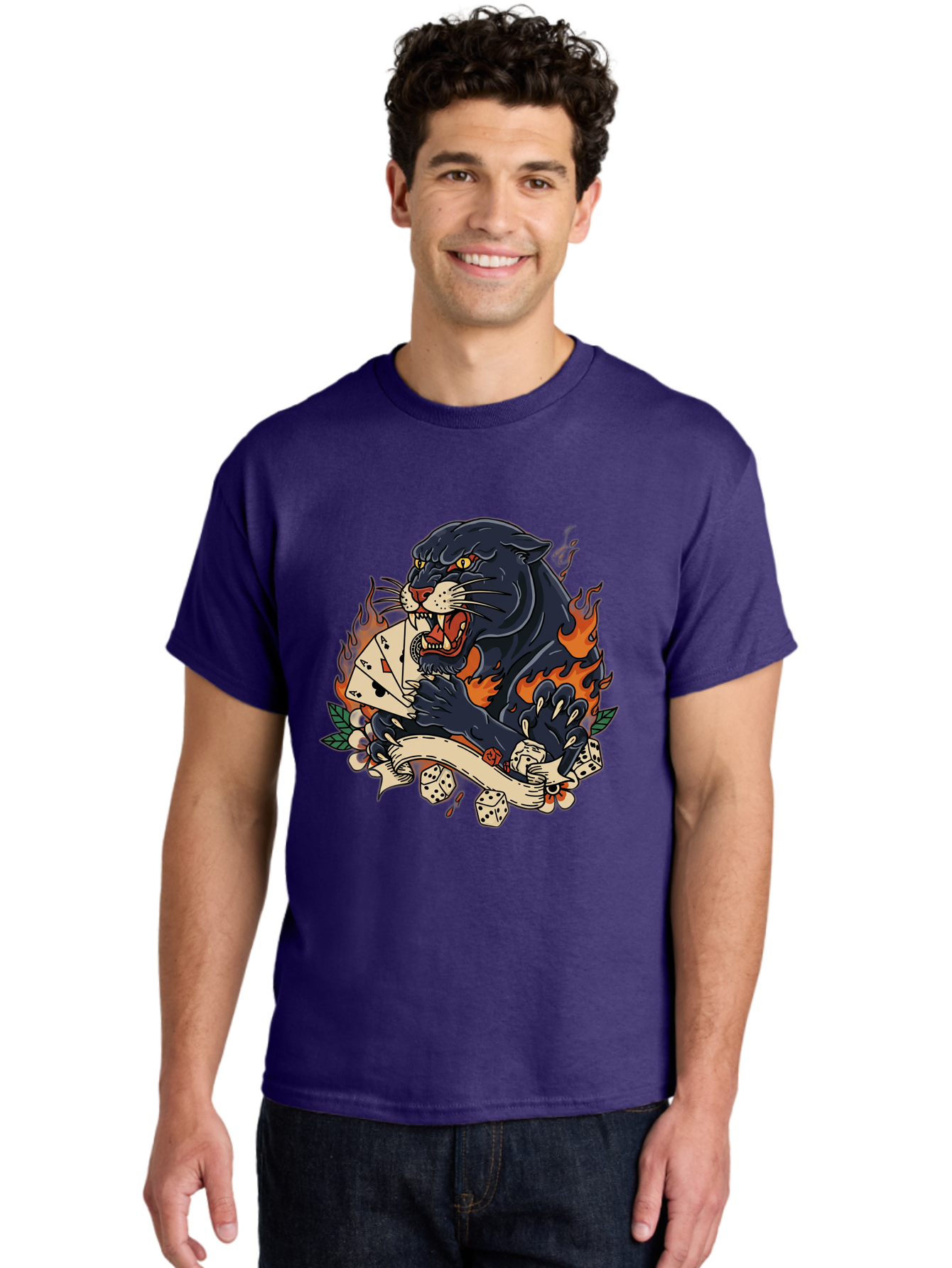 Black-Panther-Card-Tattoo Men'S Graphic Tee, 100% Cotton, Comfortable Casual Summer Wear, Machine Washable, Black Panther, Playing Cards, Dice, Banner, Flames, Aggressive Posture, Tattoo Design, Casino Theme, Gambling, Fierce Animal, Bac633