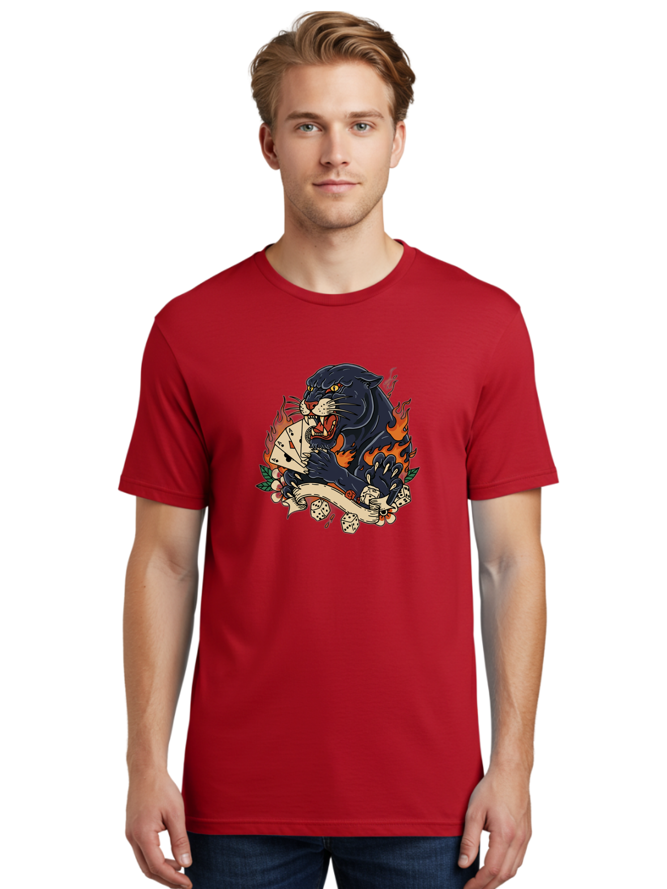 Black-Panther-Card-Tattoo Men'S Graphic Tee, 100% Cotton, Comfortable Casual Summer Wear, Machine Washable, Black Panther, Playing Cards, Dice, Banner, Flames, Aggressive Posture, Tattoo Design, Casino Theme, Gambling, Fierce Animal, Bac633