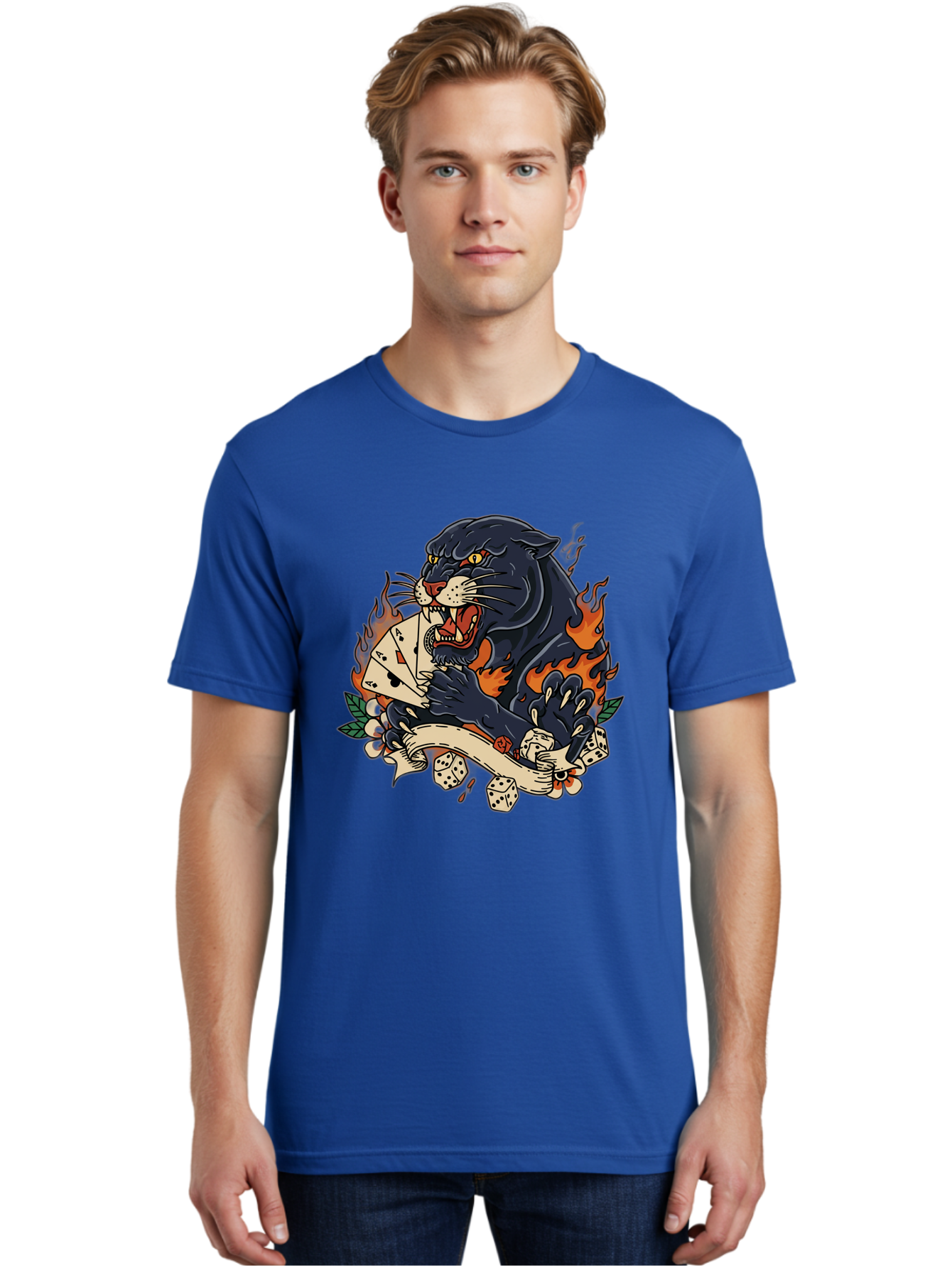 Black-Panther-Card-Tattoo Men'S Graphic Tee, 100% Cotton, Comfortable Casual Summer Wear, Machine Washable, Black Panther, Playing Cards, Dice, Banner, Flames, Aggressive Posture, Tattoo Design, Casino Theme, Gambling, Fierce Animal, Bac633