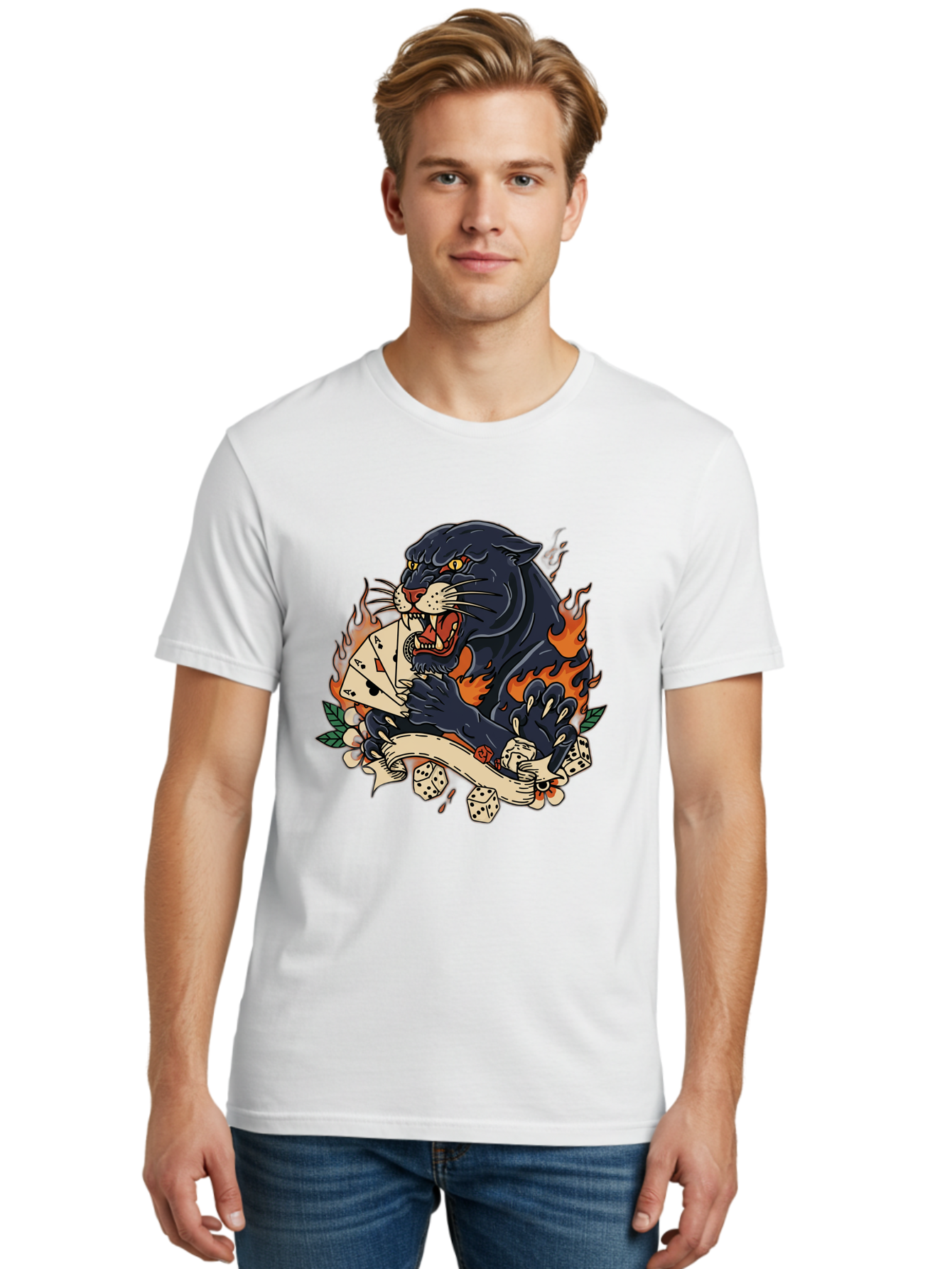 Black-Panther-Card-Tattoo Men'S Graphic Tee, 100% Cotton, Comfortable Casual Summer Wear, Machine Washable, Black Panther, Playing Cards, Dice, Banner, Flames, Aggressive Posture, Tattoo Design, Casino Theme, Gambling, Fierce Animal, Bac633