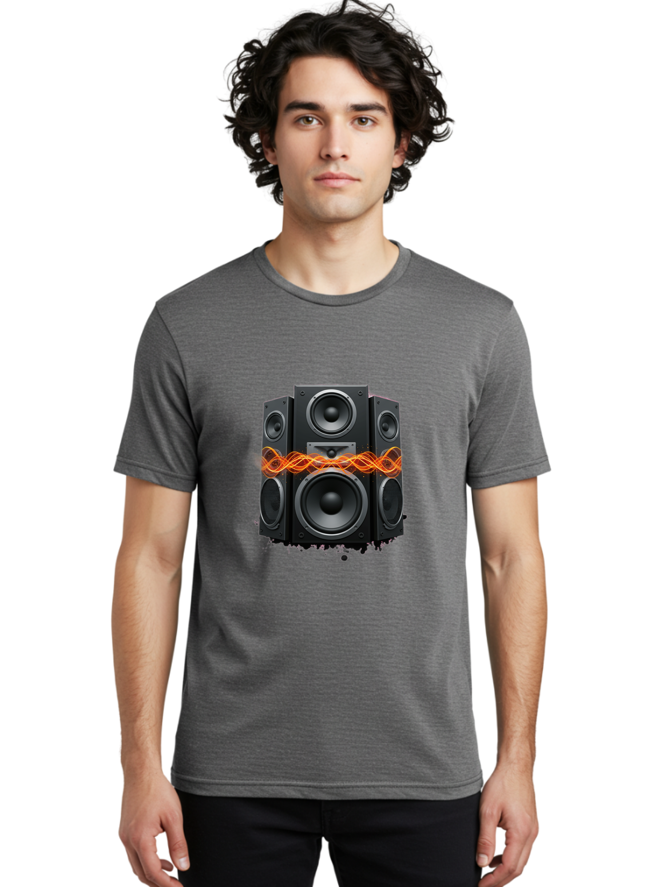 Black-Speakers Men'S Graphic Tee, 100% Cotton, Comfortable Casual Summer Wear, Machine Washable, Sound Wave, Speaker System, Audio Equipment, Music Technology, Sound Vibration, Orange Wave, Black Speakers, Music Sound Bac634