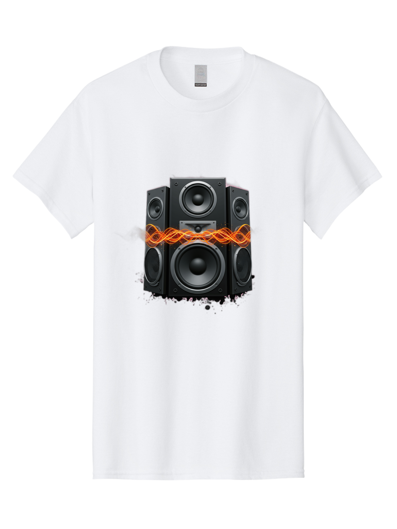 Black-Speakers Men'S Graphic Tee, 100% Cotton, Comfortable Casual Summer Wear, Machine Washable, Sound Wave, Speaker System, Audio Equipment, Music Technology, Sound Vibration, Orange Wave, Black Speakers, Music Sound Bac634