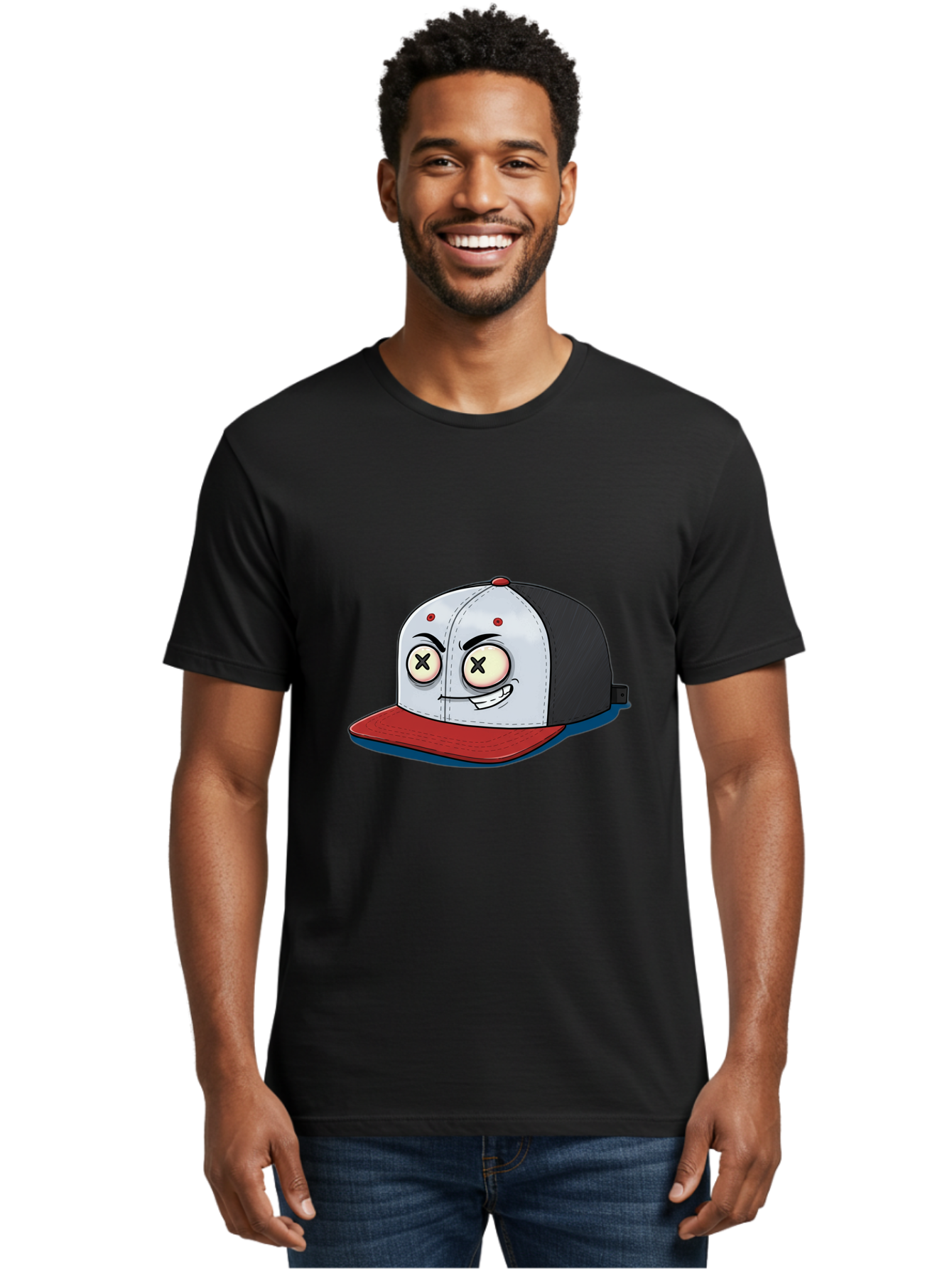 Black-White-Red-Cap Men'S Graphic Tee, 100% Cotton, Comfortable Casual Summer Wear, Machine Washable, Cartoon Hat, Dead Eyes, Black And White Cap, Red Brim, Smiling Face, Quirky Character, Funny Design, Kawaii Style, Anime Influence, Bac635