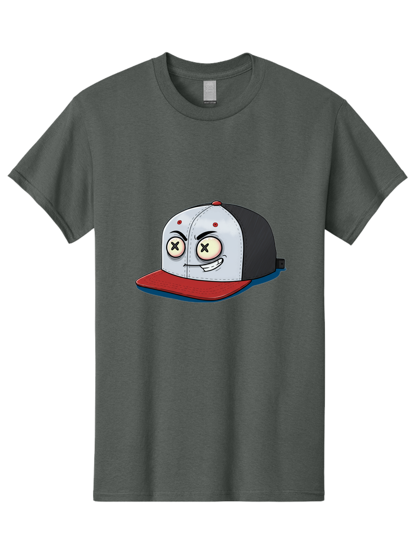 Black-White-Red-Cap Men'S Graphic Tee, 100% Cotton, Comfortable Casual Summer Wear, Machine Washable, Cartoon Hat, Dead Eyes, Black And White Cap, Red Brim, Smiling Face, Quirky Character, Funny Design, Kawaii Style, Anime Influence, Bac635