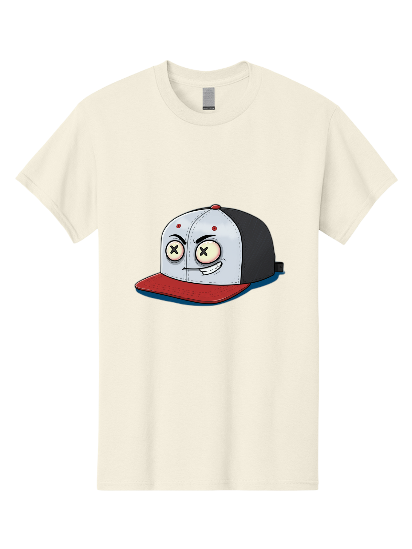 Black-White-Red-Cap Men'S Graphic Tee, 100% Cotton, Comfortable Casual Summer Wear, Machine Washable, Cartoon Hat, Dead Eyes, Black And White Cap, Red Brim, Smiling Face, Quirky Character, Funny Design, Kawaii Style, Anime Influence, Bac635