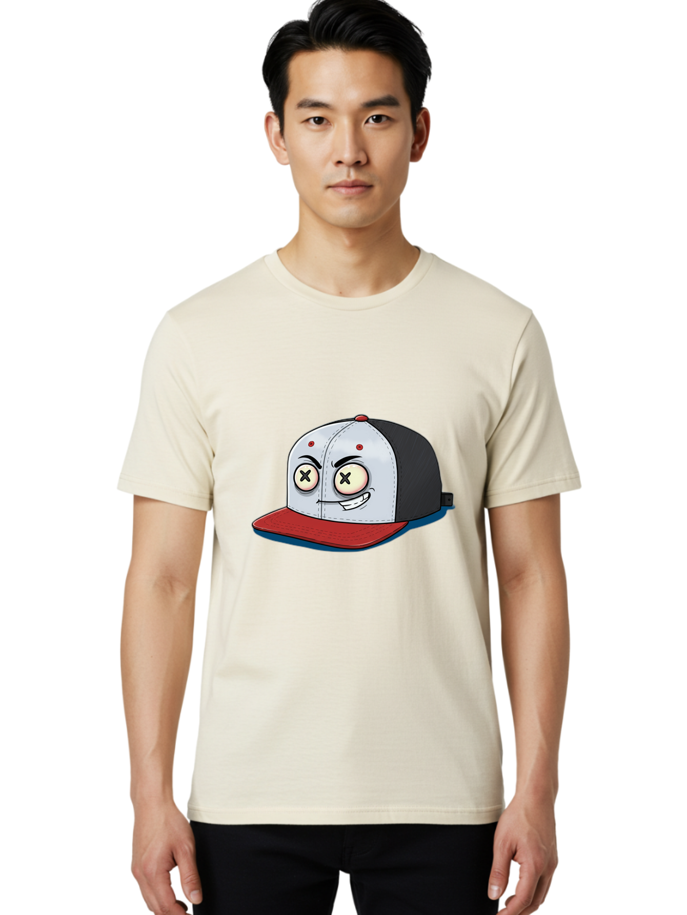 Black-White-Red-Cap Men'S Graphic Tee, 100% Cotton, Comfortable Casual Summer Wear, Machine Washable, Cartoon Hat, Dead Eyes, Black And White Cap, Red Brim, Smiling Face, Quirky Character, Funny Design, Kawaii Style, Anime Influence, Bac635