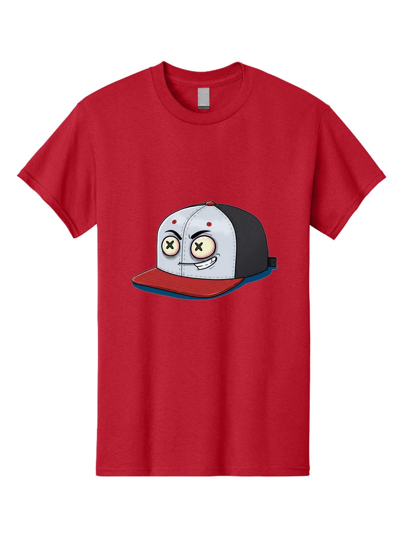 Black-White-Red-Cap Men'S Graphic Tee, 100% Cotton, Comfortable Casual Summer Wear, Machine Washable, Cartoon Hat, Dead Eyes, Black And White Cap, Red Brim, Smiling Face, Quirky Character, Funny Design, Kawaii Style, Anime Influence, Bac635