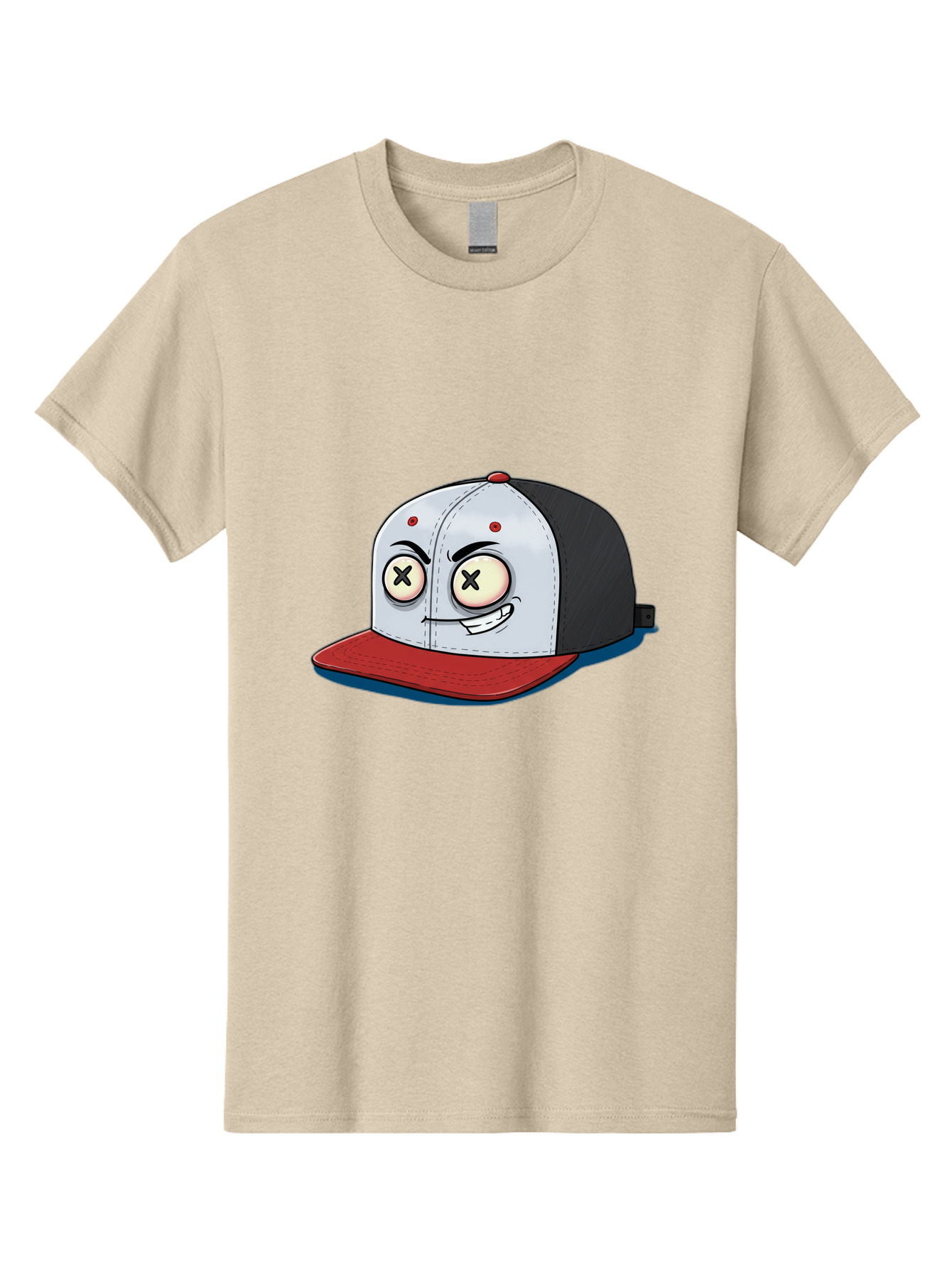 Black-White-Red-Cap Men'S Graphic Tee, 100% Cotton, Comfortable Casual Summer Wear, Machine Washable, Cartoon Hat, Dead Eyes, Black And White Cap, Red Brim, Smiling Face, Quirky Character, Funny Design, Kawaii Style, Anime Influence, Bac635
