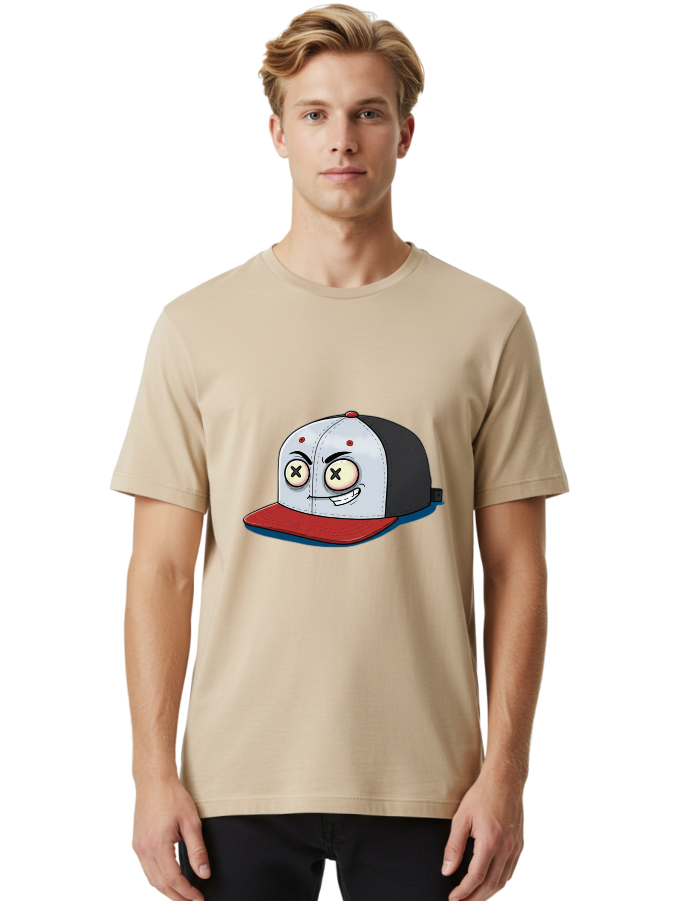 Black-White-Red-Cap Men'S Graphic Tee, 100% Cotton, Comfortable Casual Summer Wear, Machine Washable, Cartoon Hat, Dead Eyes, Black And White Cap, Red Brim, Smiling Face, Quirky Character, Funny Design, Kawaii Style, Anime Influence, Bac635