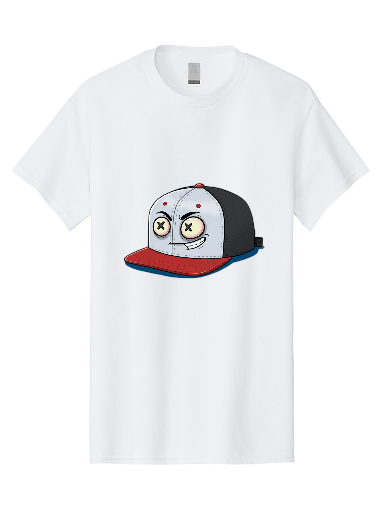 Black-White-Red-Cap Men'S Graphic Tee, 100% Cotton, Comfortable Casual Summer Wear, Machine Washable, Cartoon Hat, Dead Eyes, Black And White Cap, Red Brim, Smiling Face, Quirky Character, Funny Design, Kawaii Style, Anime Influence, Bac635