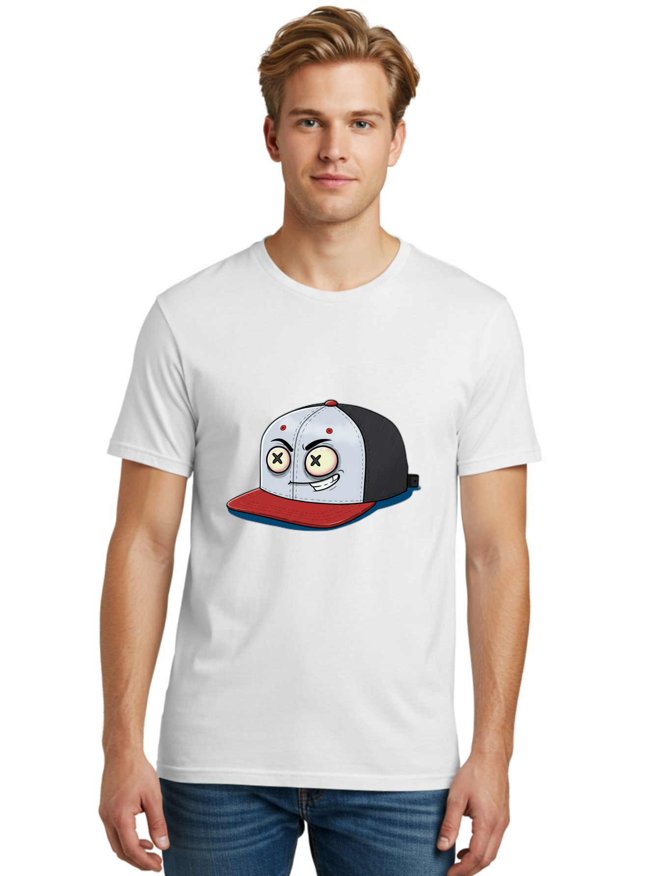 Black-White-Red-Cap Men'S Graphic Tee, 100% Cotton, Comfortable Casual Summer Wear, Machine Washable, Cartoon Hat, Dead Eyes, Black And White Cap, Red Brim, Smiling Face, Quirky Character, Funny Design, Kawaii Style, Anime Influence, Bac635
